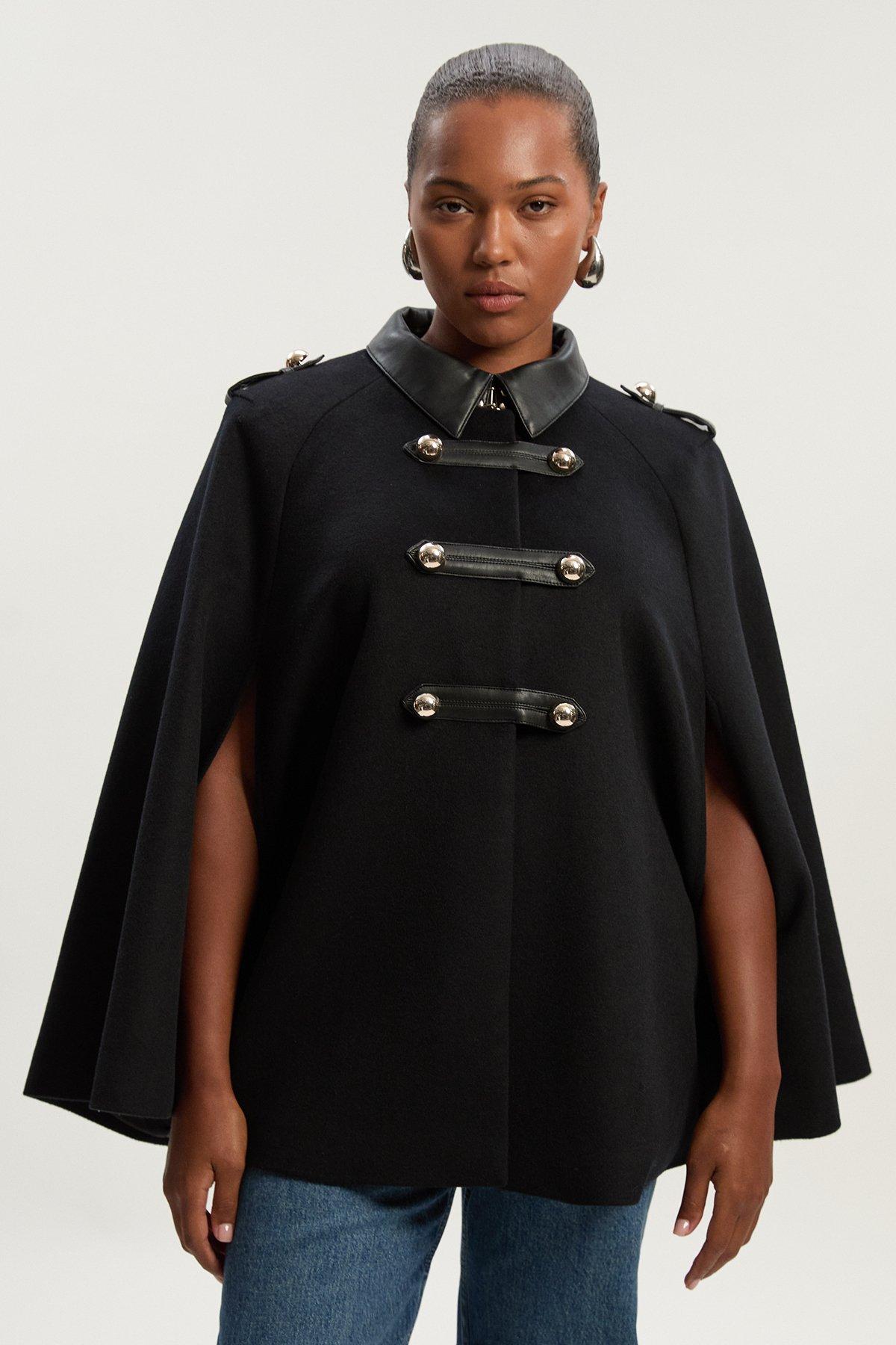 Plus Size Brushed Wool PU Mix Tailored Cape Short Coat - Black