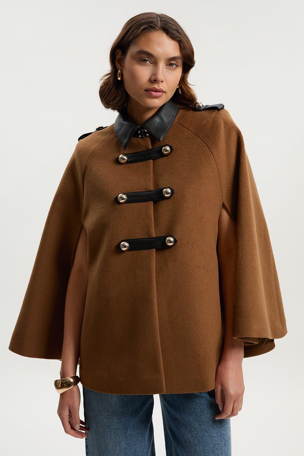 Brushed Wool PU Mix Tailored Cape Short Coat - Camel