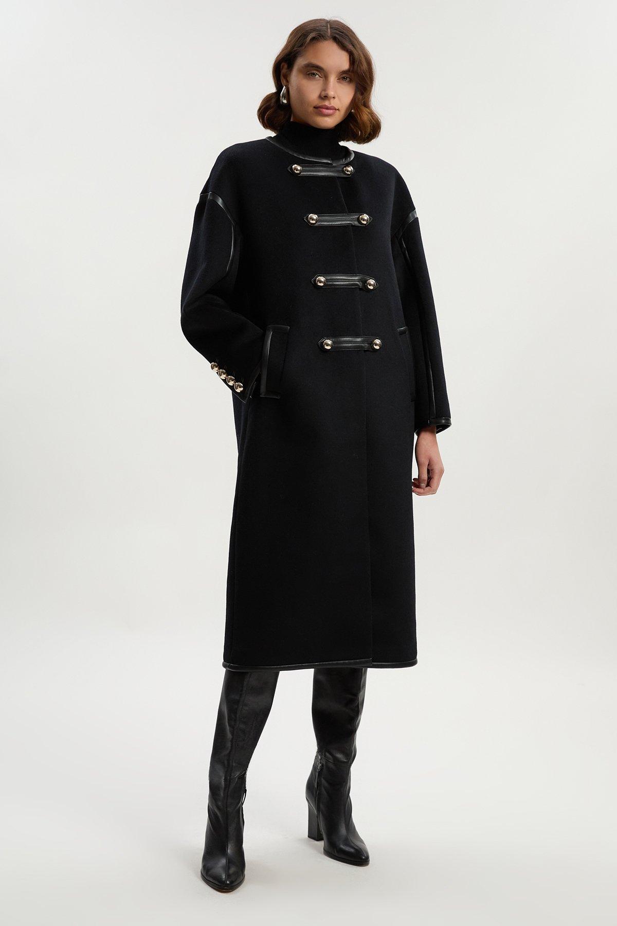 Petite Brushed Wool PU Mix Tailored Collarless Midi Coat - Black