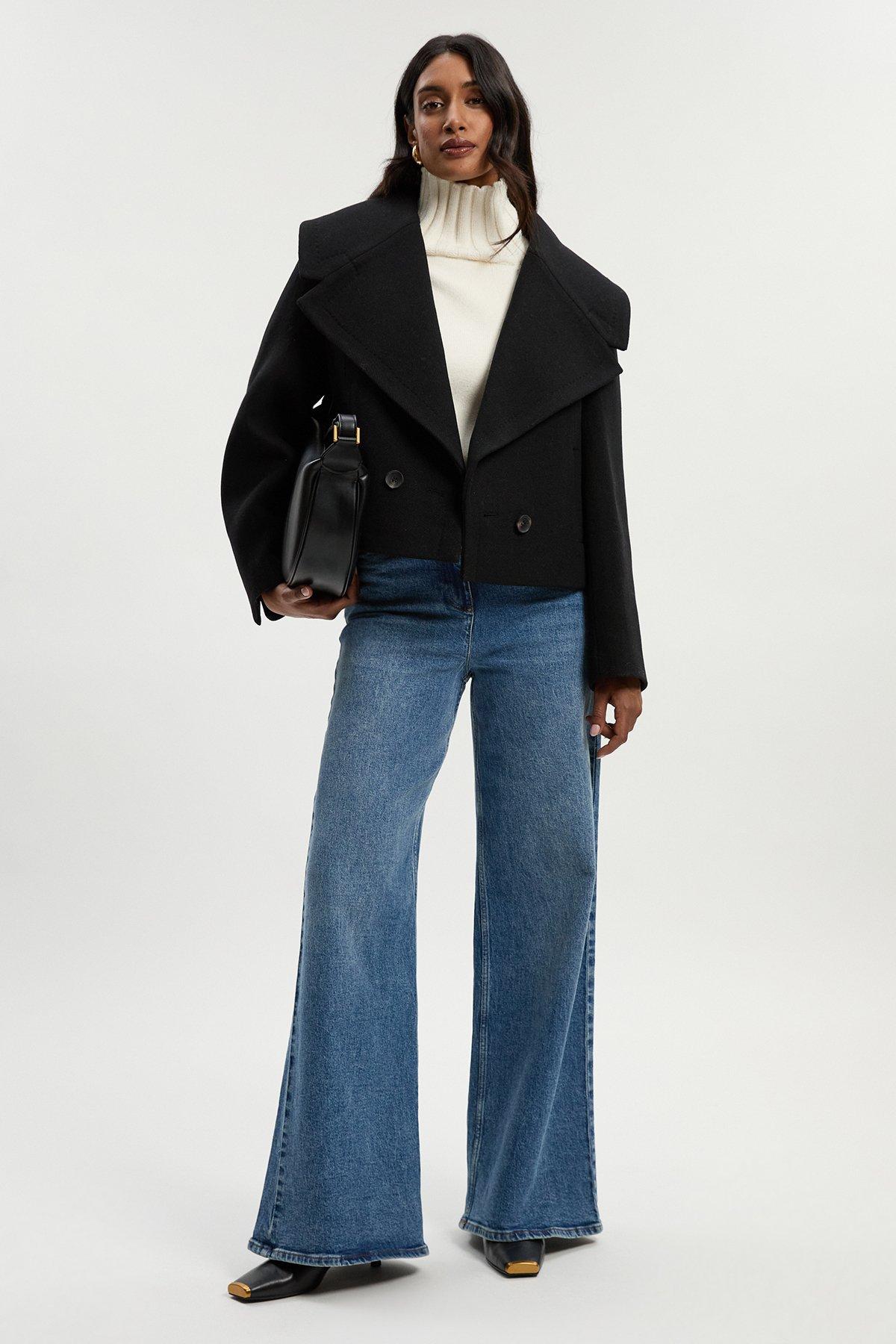 Wool Shawl Collar Tailored Double Breasted Short Coat - Black