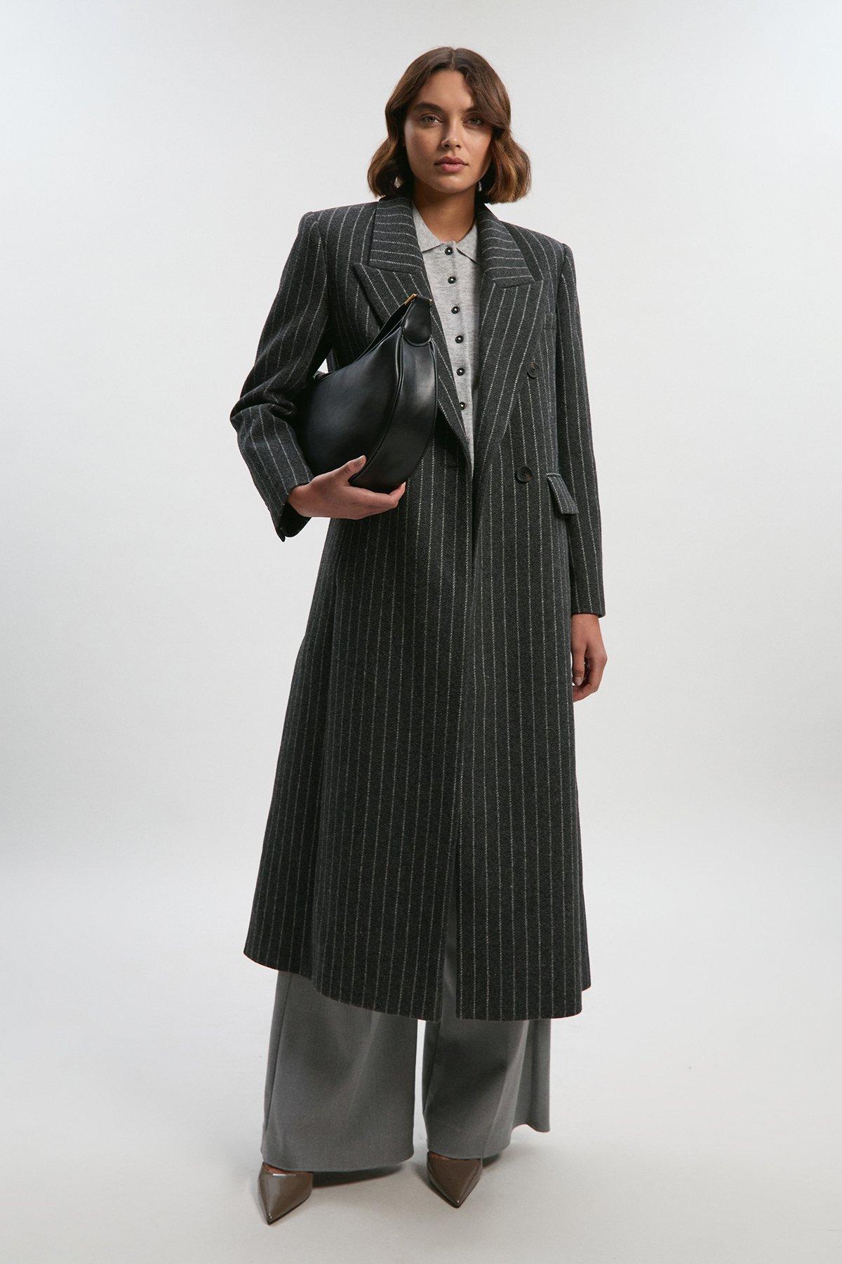 Petite Brushed Wool Pinstripe Oversized Double Breasted Tailored Maxi Coat - Grey