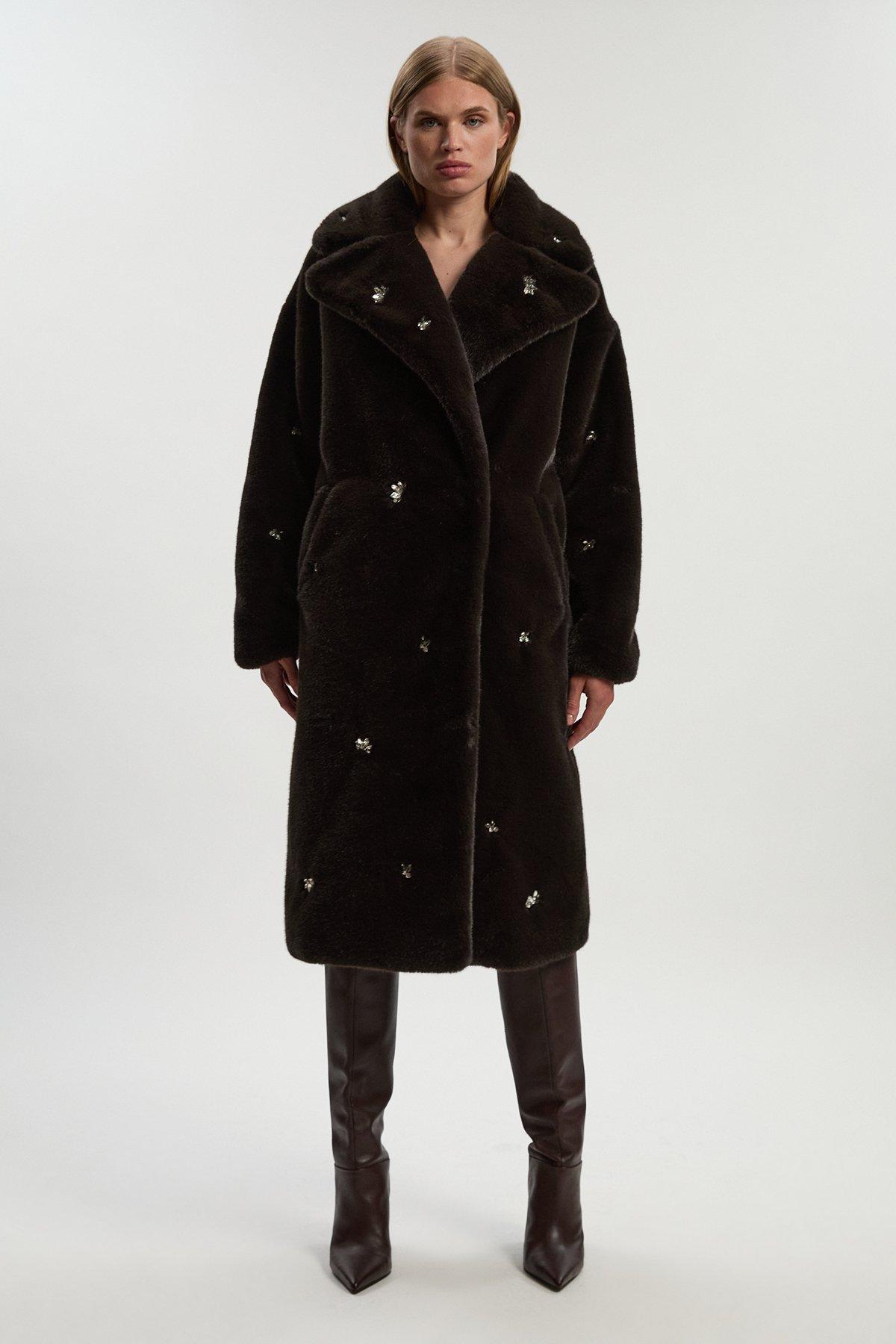 Crystal Embellished Faux Fur Long Coat - Brown