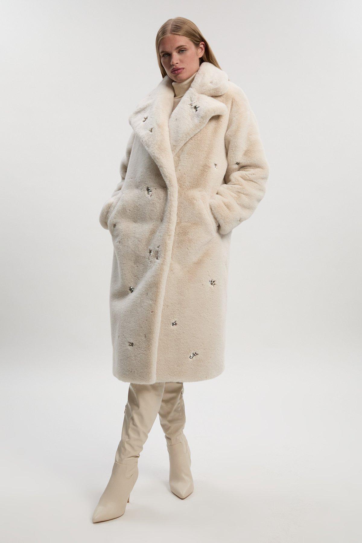 Crystal Embellished Faux Fur Long Coat - Cream