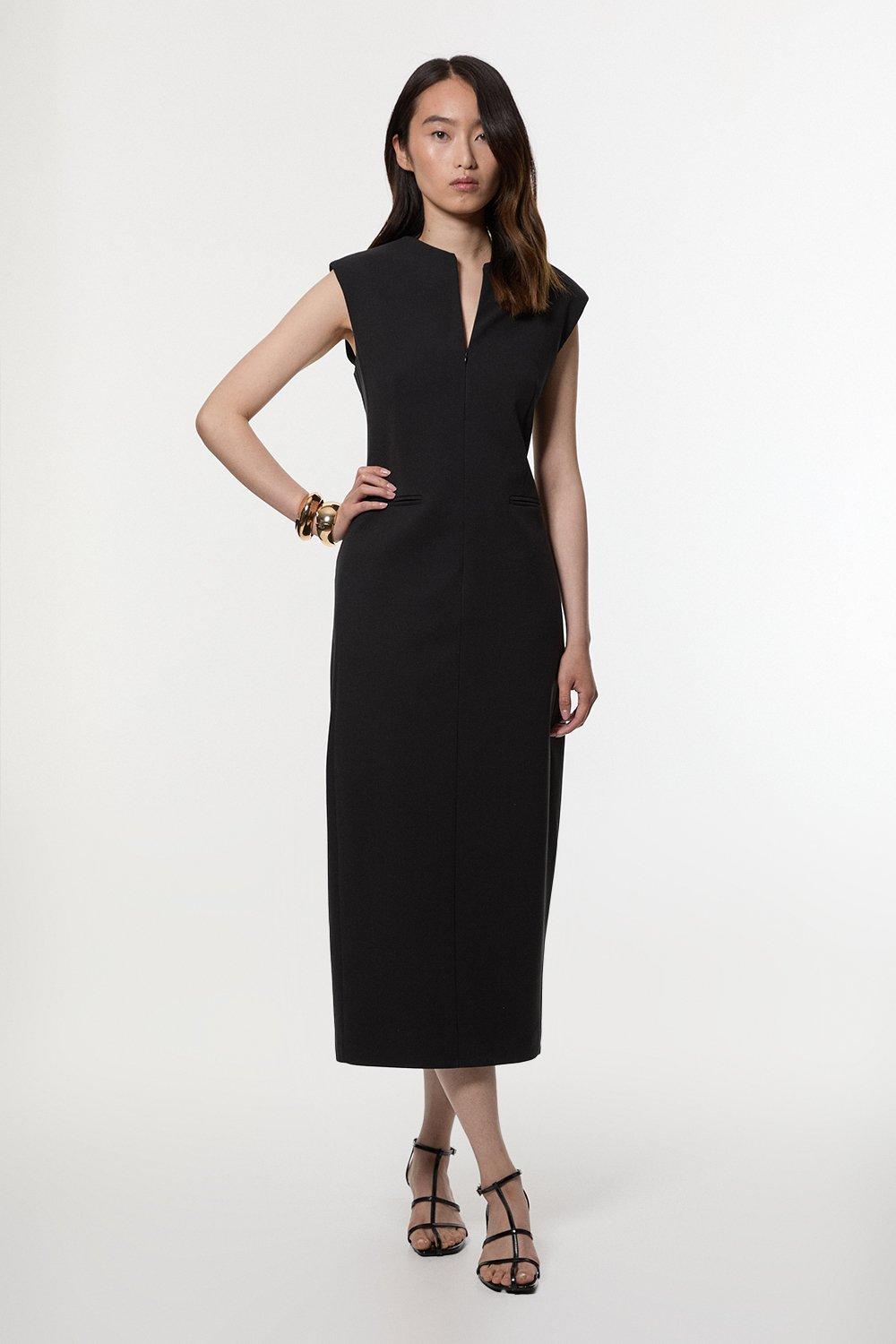 Compact Stretch Zip Through Tailored Pencil Midi Dress - Black