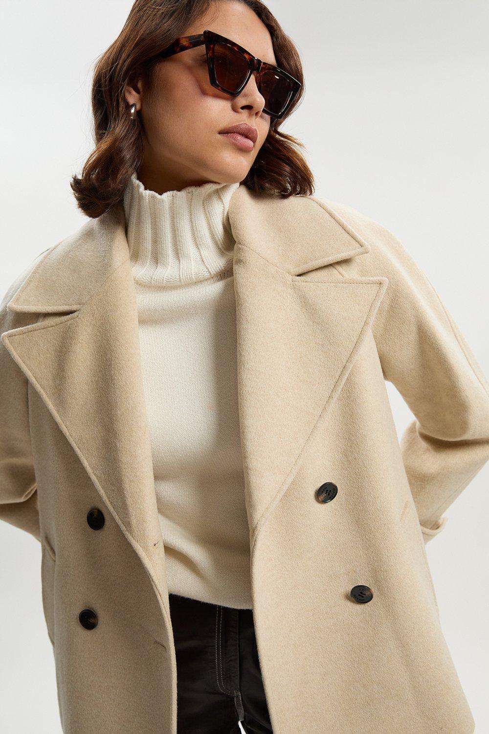 Tailored Brushed Wool Double Breasted Short Pea Coat - Oatmeal