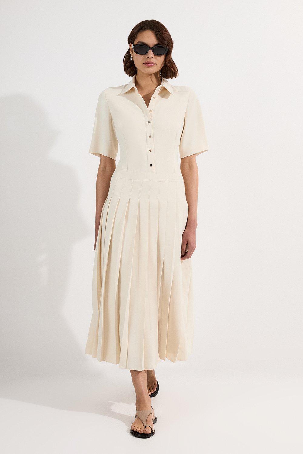Tailored Crepe Pleated Shirt Dress - Ivory