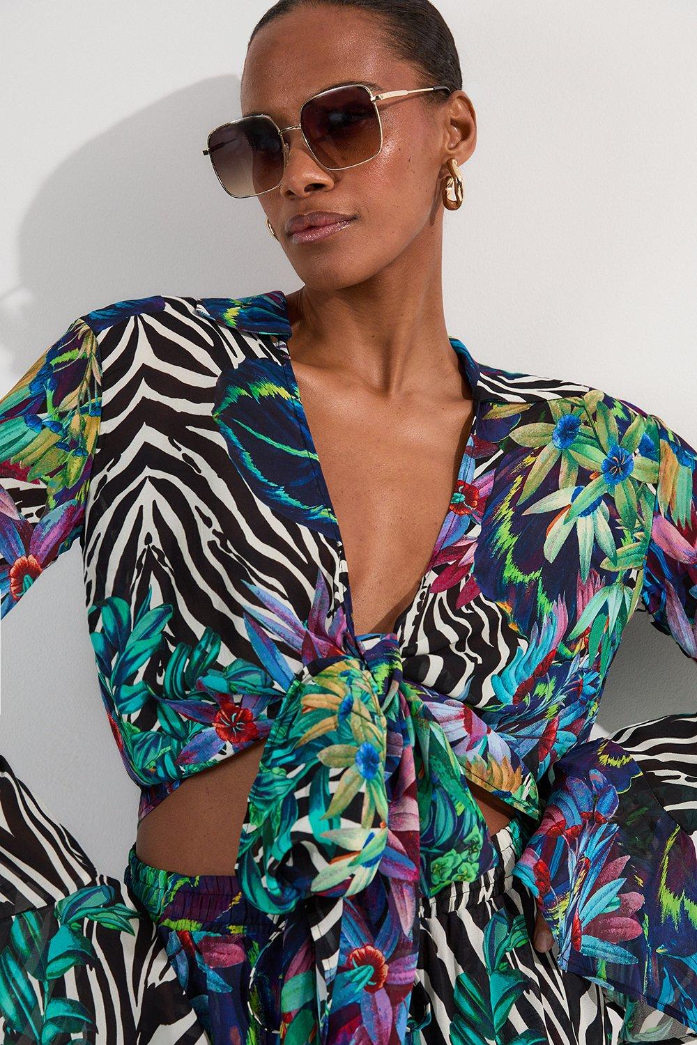 Tall Floral Animal Georgette Beach Wrap Top - Blue