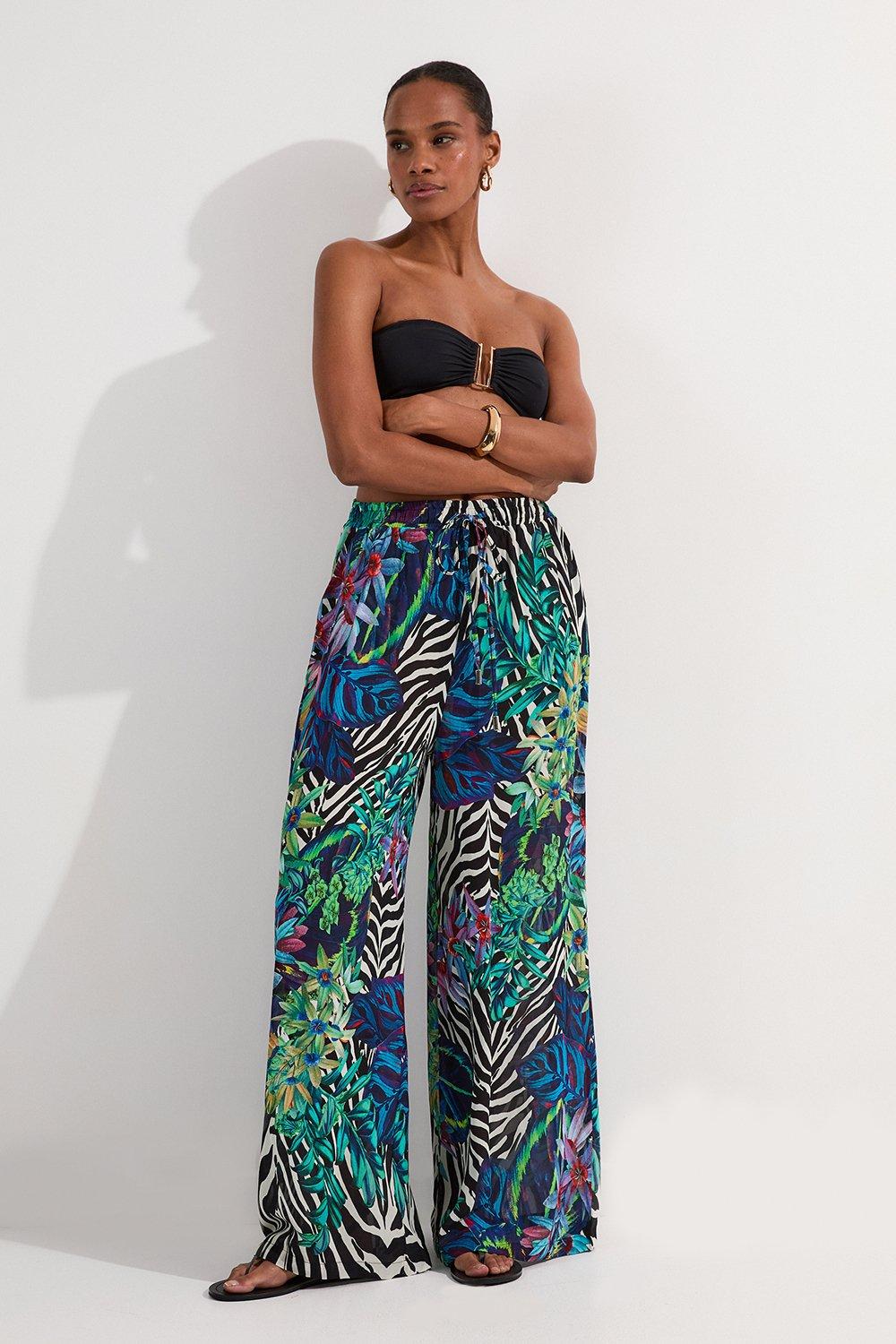 Tall Floral Animal Viscose Georgette Beach Trousers - Blue