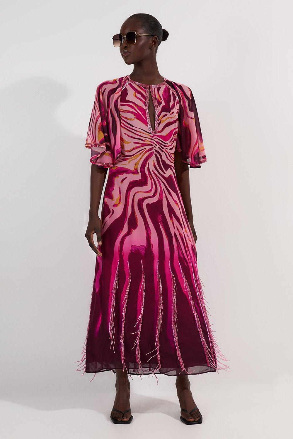 Tall Animal Print Georgette Embellished Short Sleeve Woven Maxi Dress - Pink