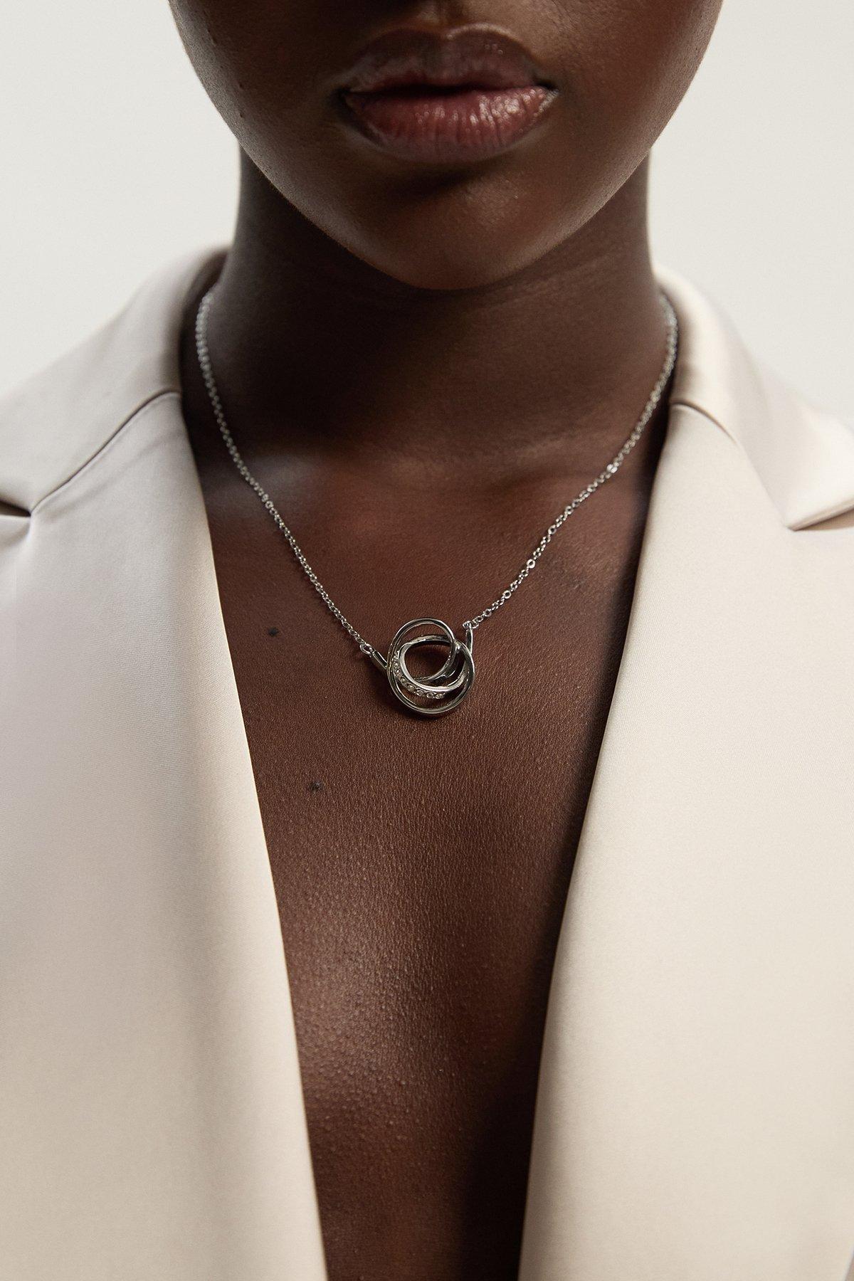 Crystal Ribbon Pendant Necklace - Silver