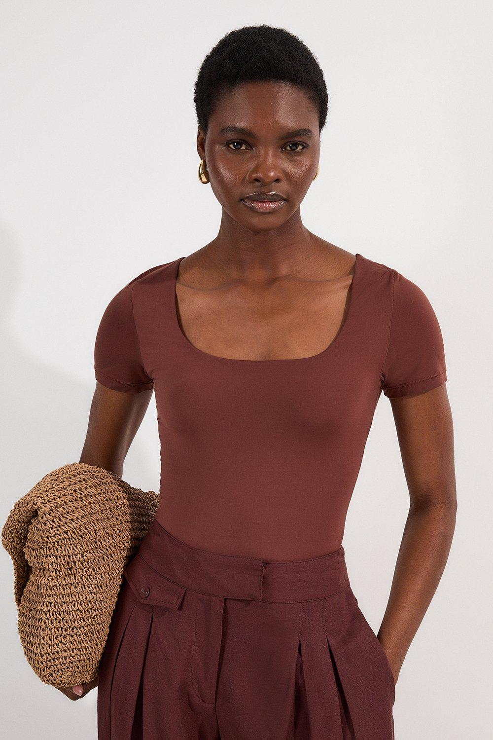 Contour Jersey Short Sleeve Scoop Neck Top - Brown
