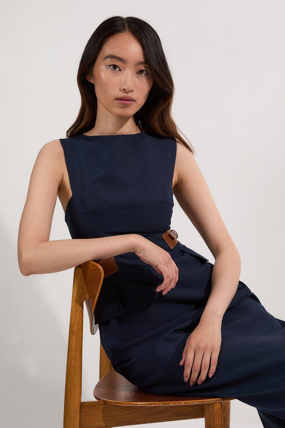 Petite Premium Tailored Linen Tab Waist Pencil Midi Dress - Navy