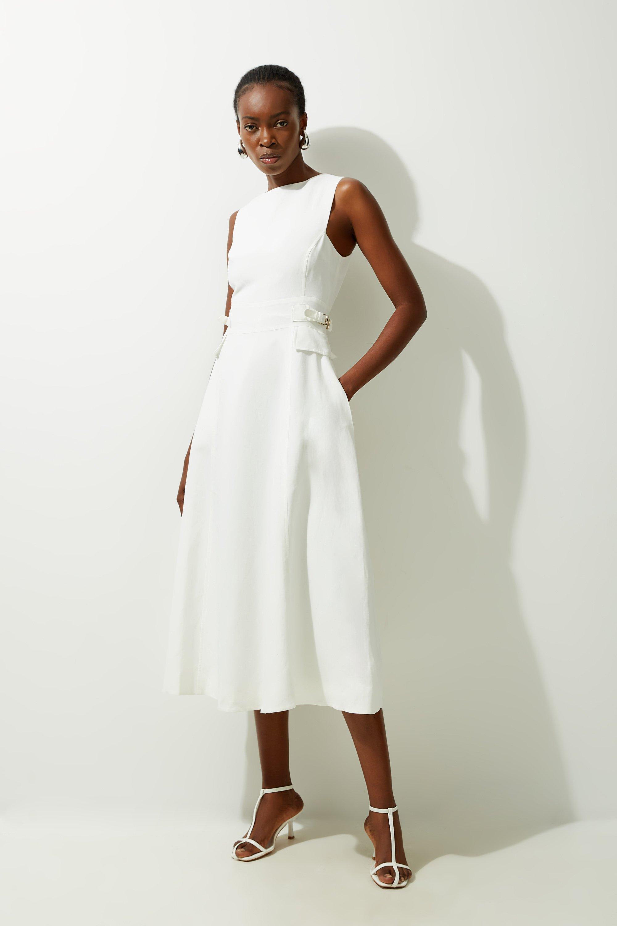Petite Premium Linen Tab Waist Detail Full Skirt Tailored Midi Dress - Ivory