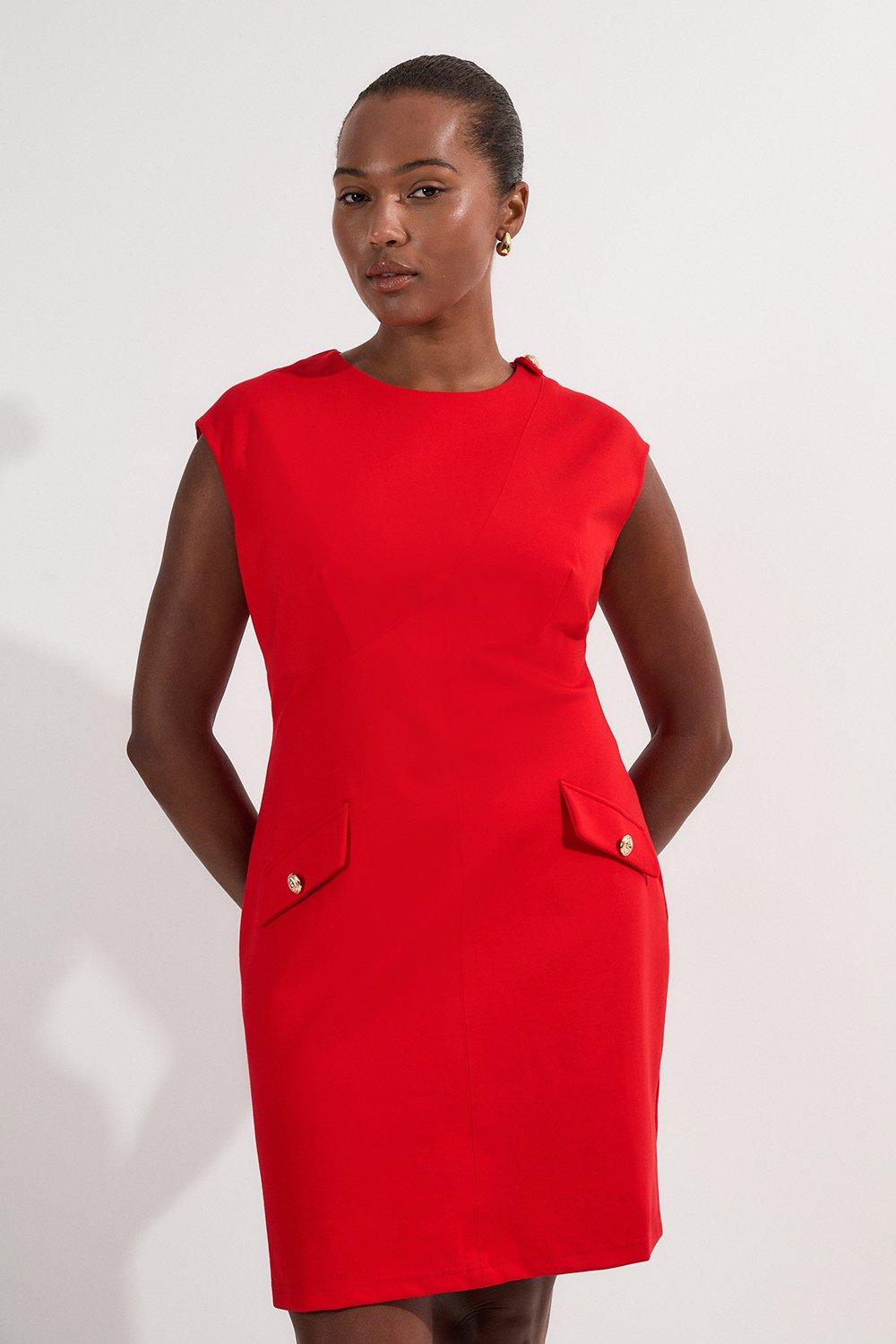 Plus Size Ponte Structured Mini Dress With Gold Button Detail - Red