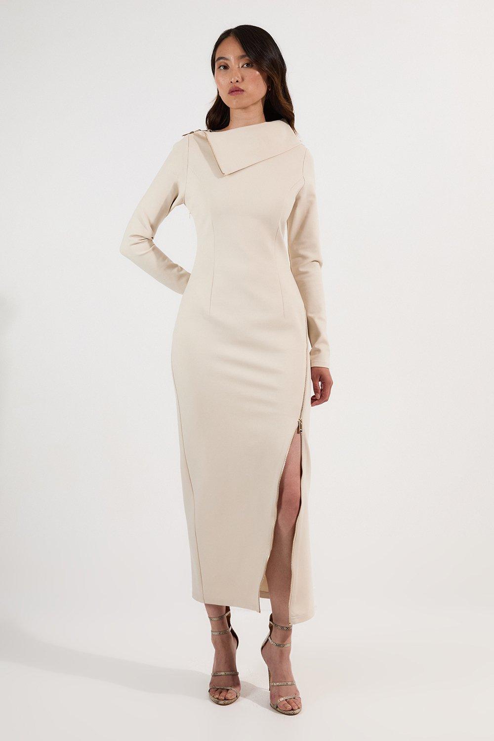 Ponte Envelope Neck Dress With Zip Split Detail - Cream