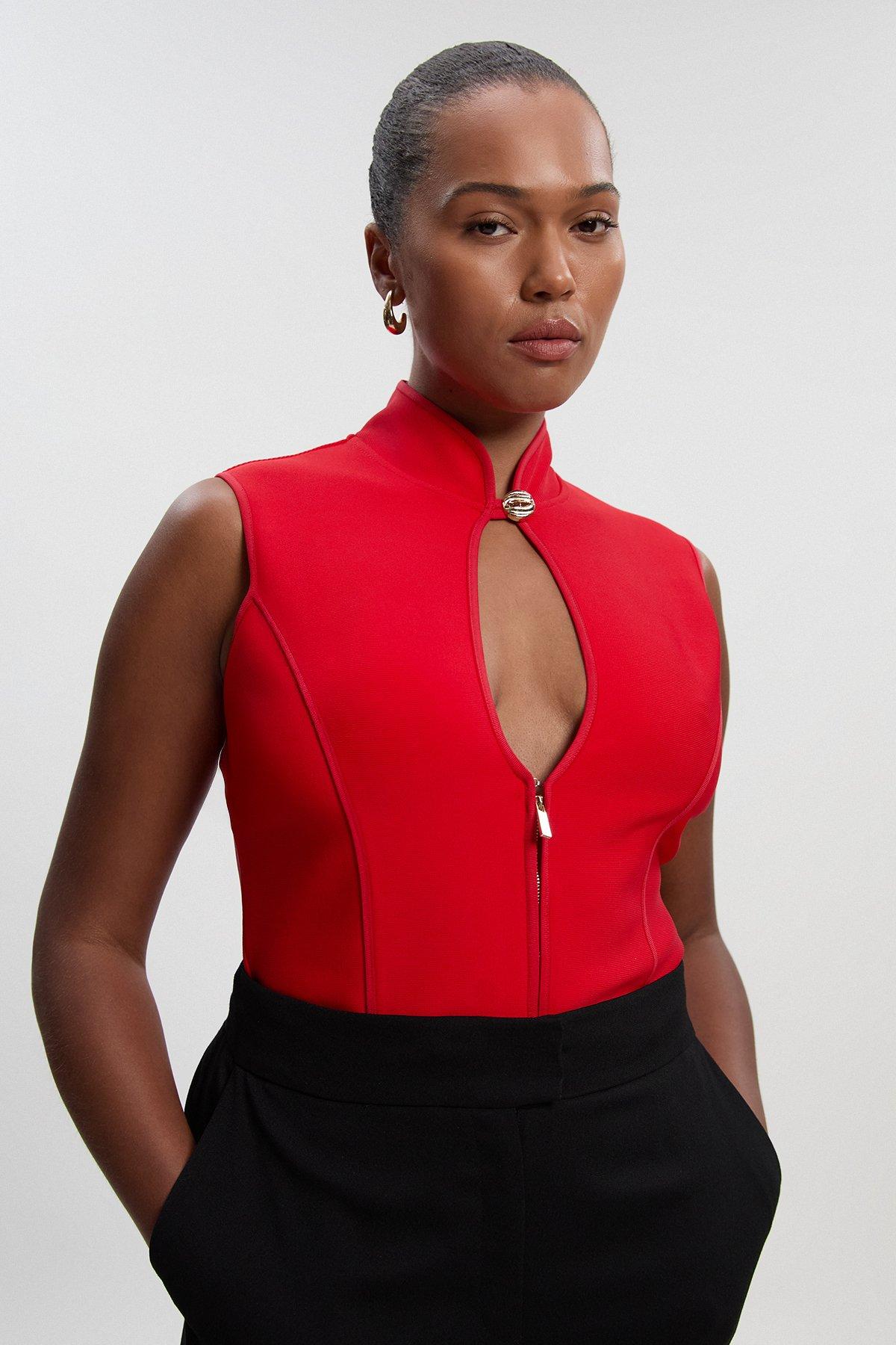 Plus Size Figure Form Bandage Sleeveless Knit Top - Red