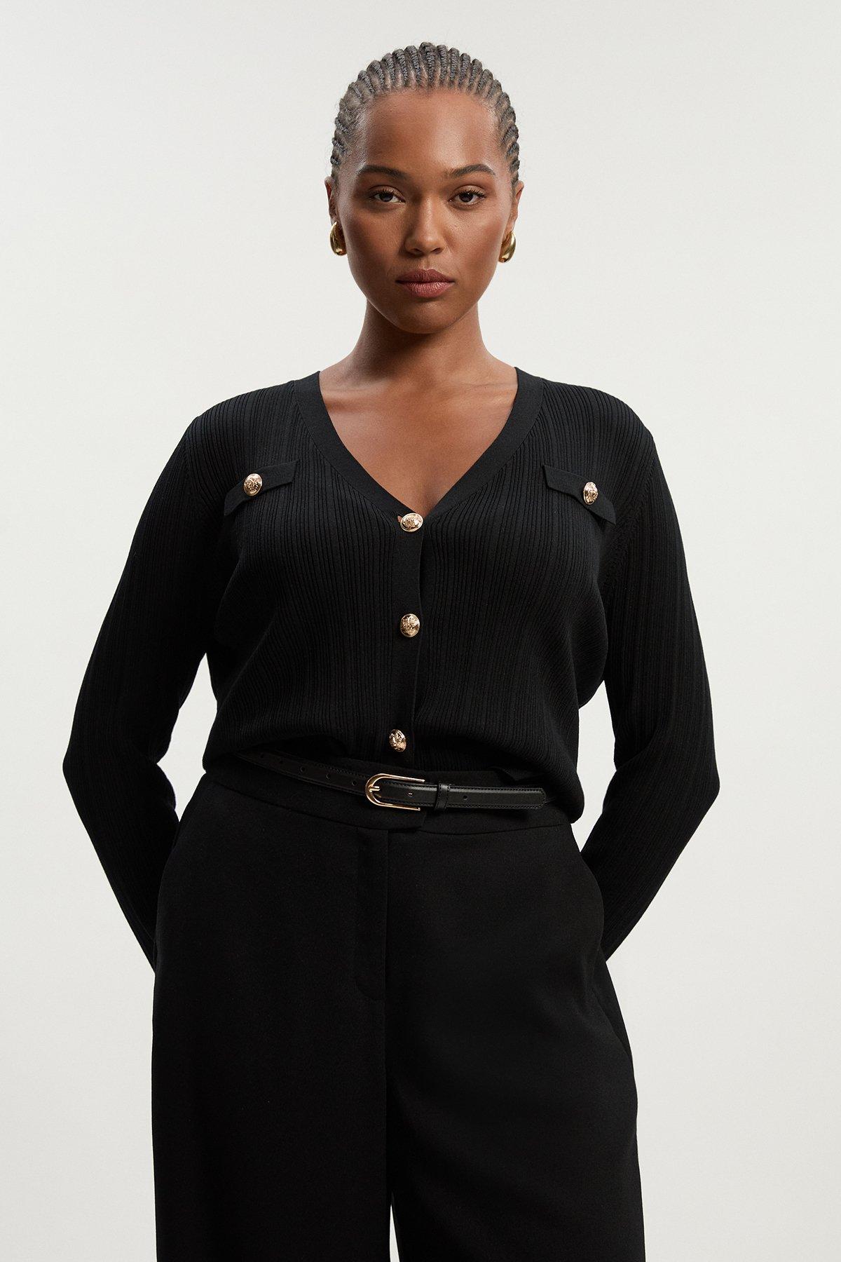 Plus Size Viscose Blend Dry Handle Rib Military Trim Cardigan - Black