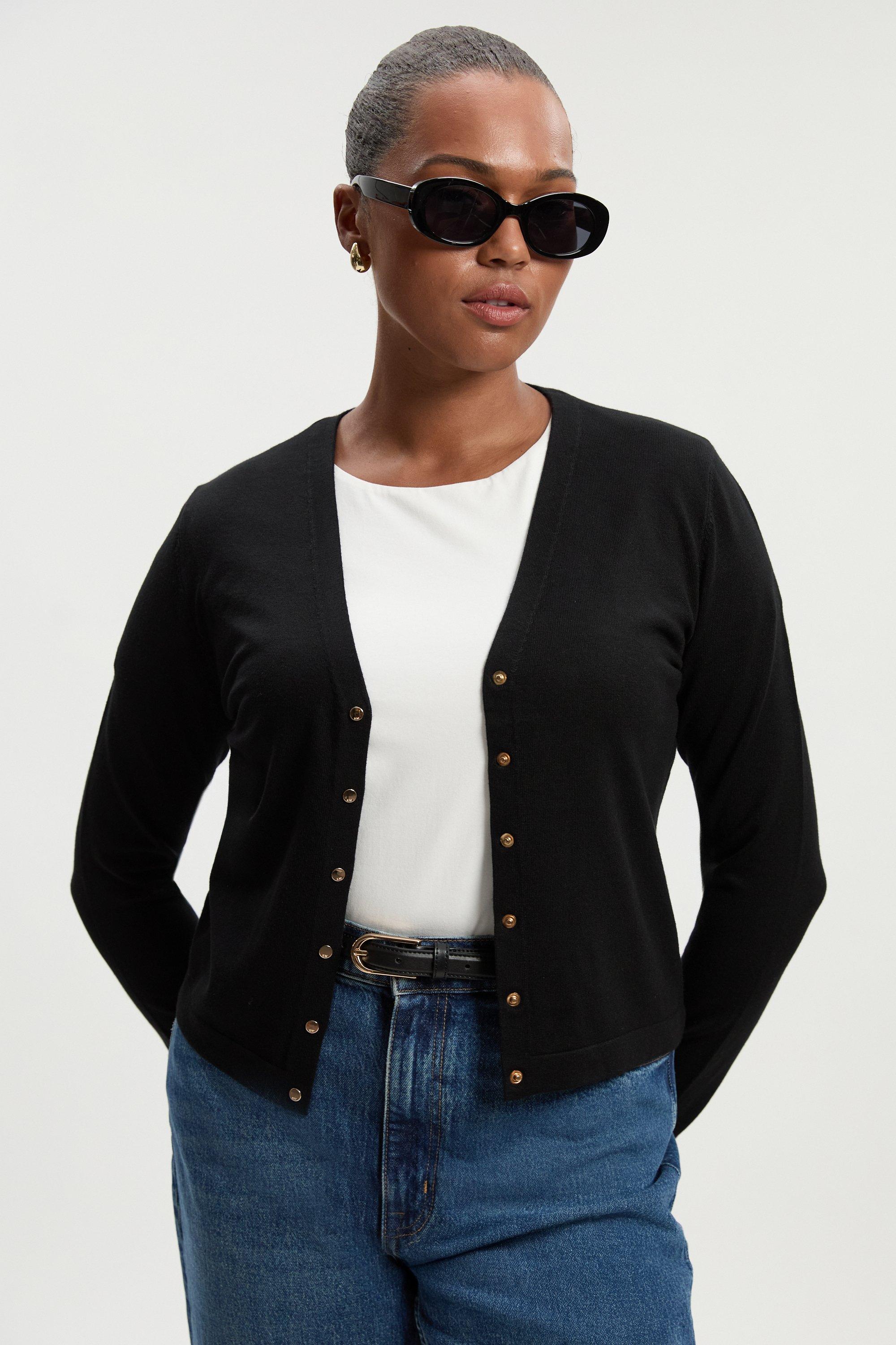 Plus Size Viscose Blend Knitted Button Detail Cardigan - Black