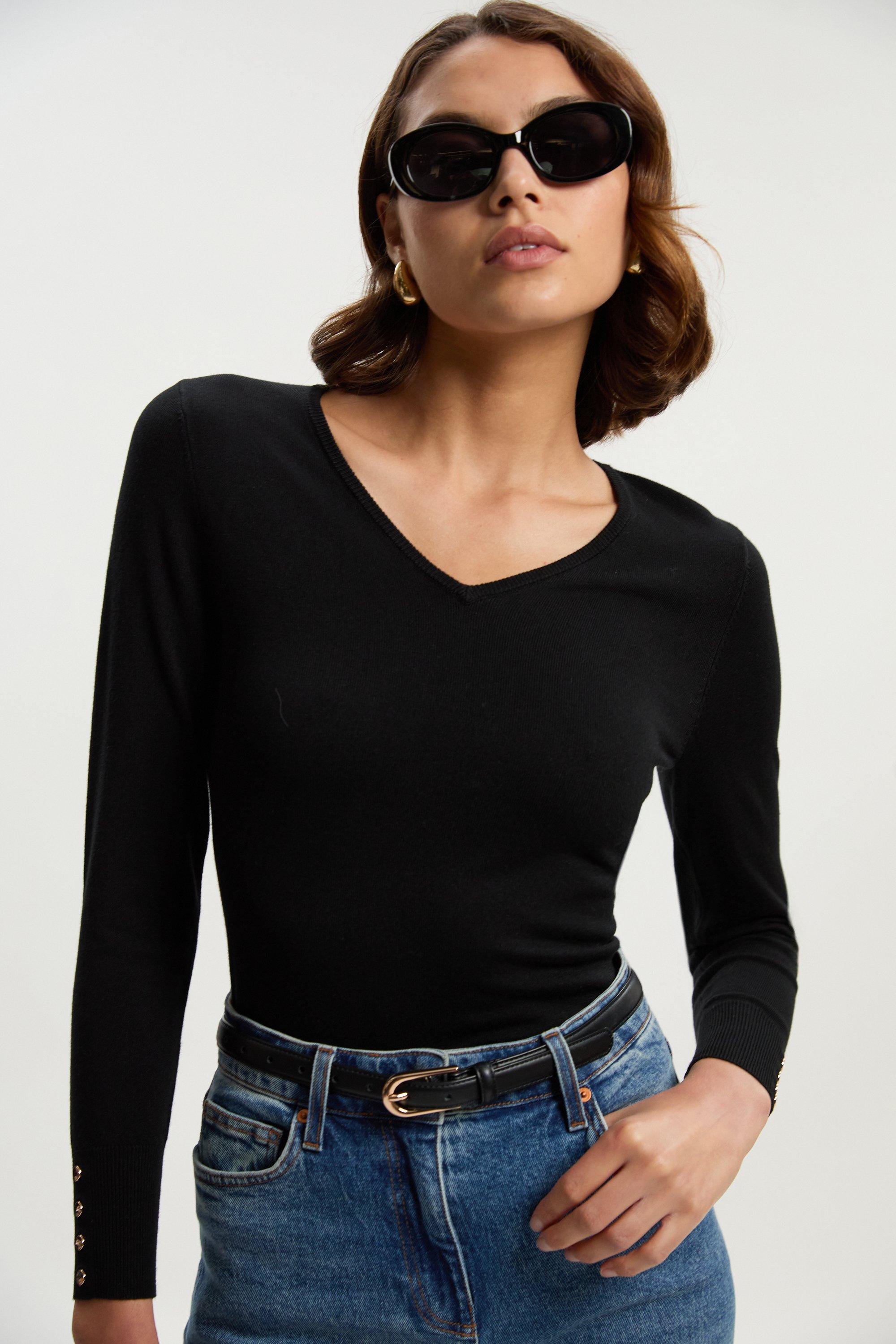 Viscose Blend Knitted V Neck Jumper - Black