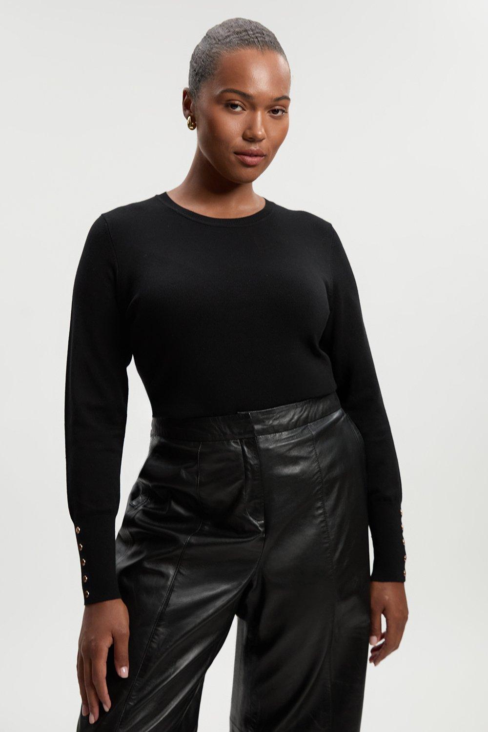 Plus Size Viscose Blend Knitted Crew Neck Jumper - Black