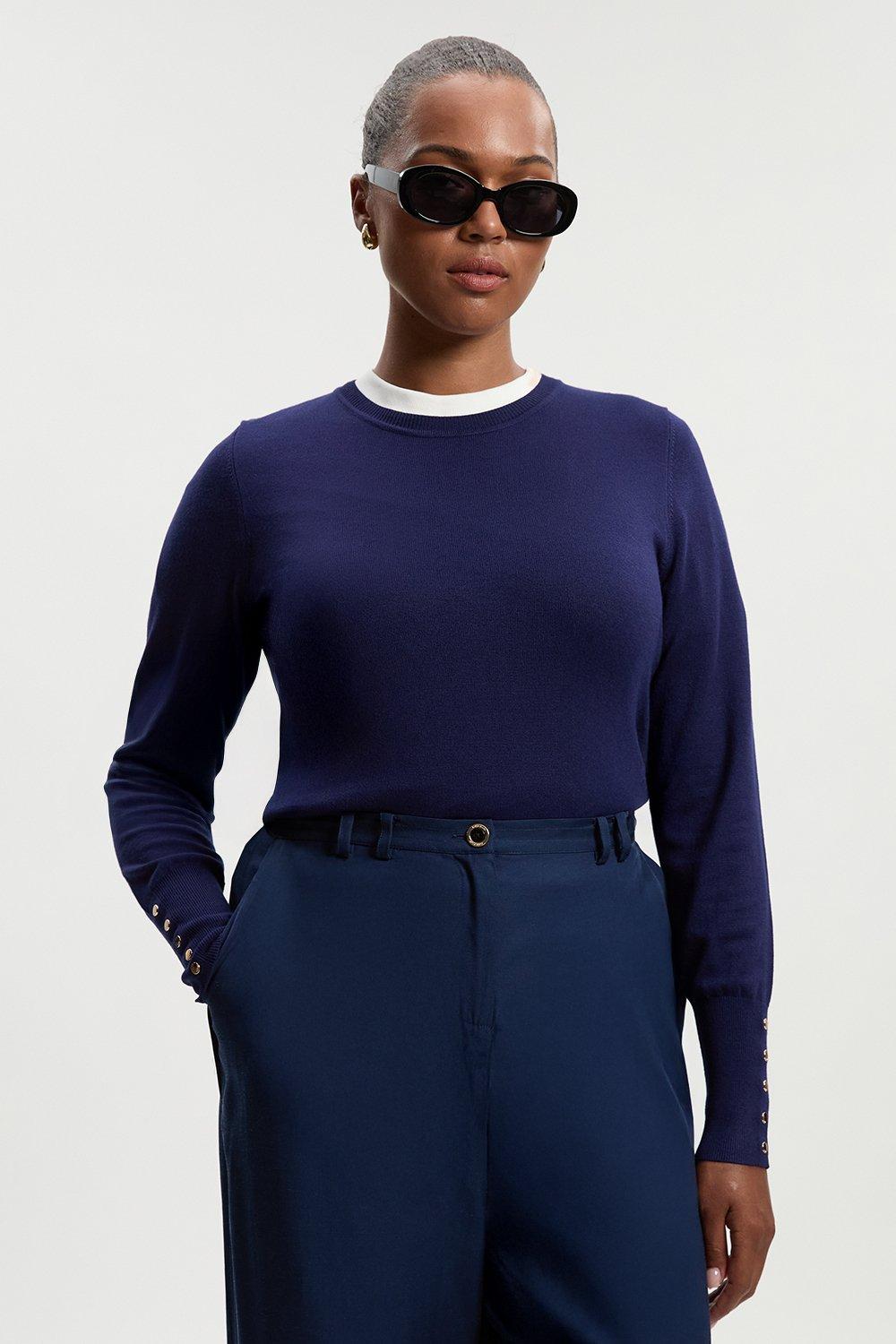 Plus Size Viscose Blend Knitted Crew Neck Jumper - Navy