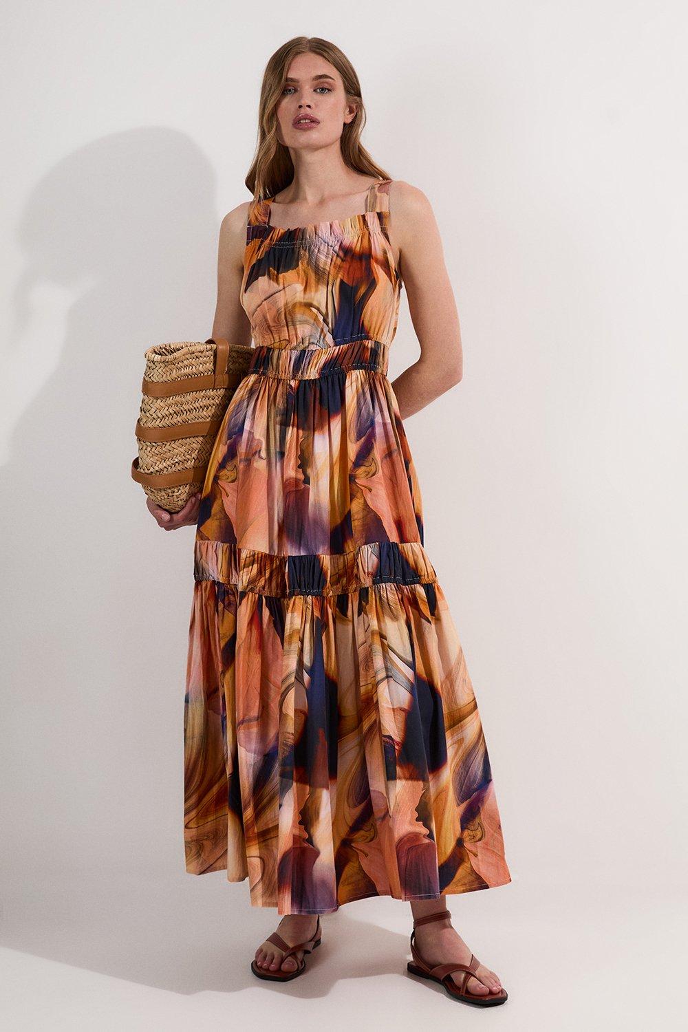 Shirred Cotton Tiered Printed Woven Maxi Dress - Blue