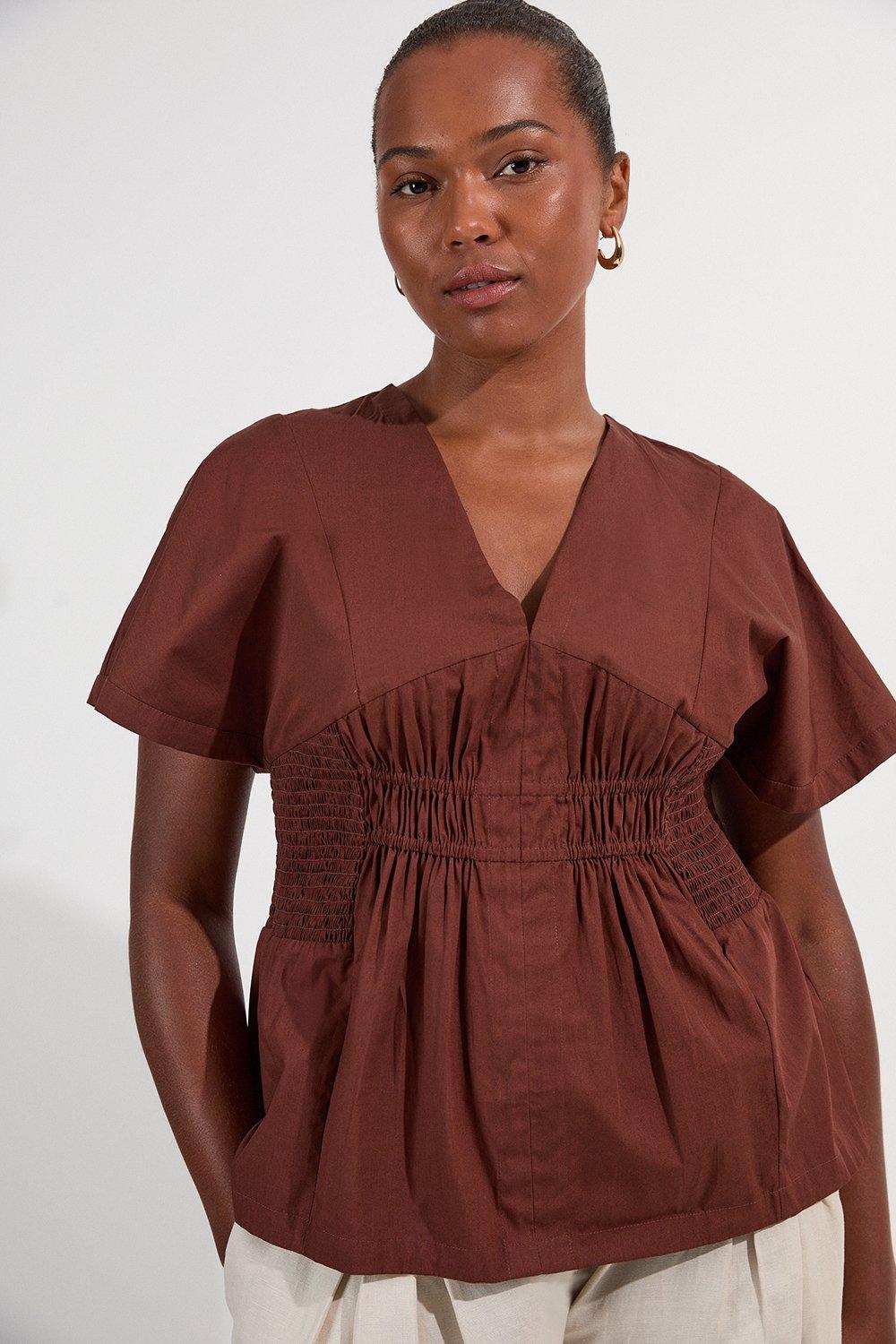 Plus Size Shirred Cotton Woven Plunge Neck Short Sleeve Top - Brown