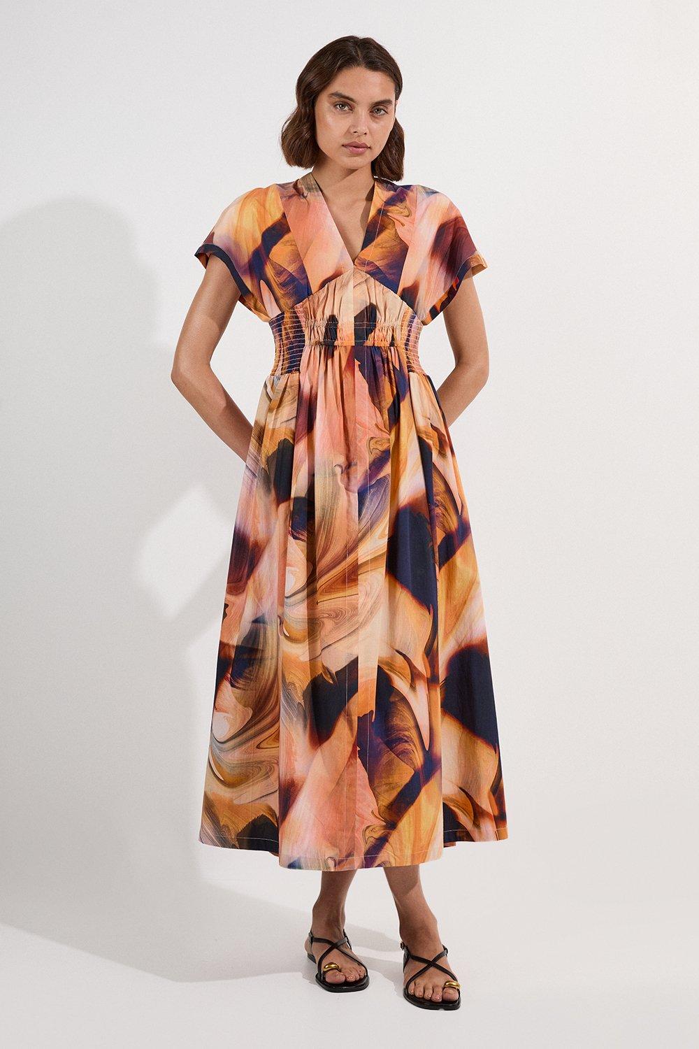 Shirred Cotton Printed Woven Plunge Neck Short Sleeve Maxi Dress - Blue