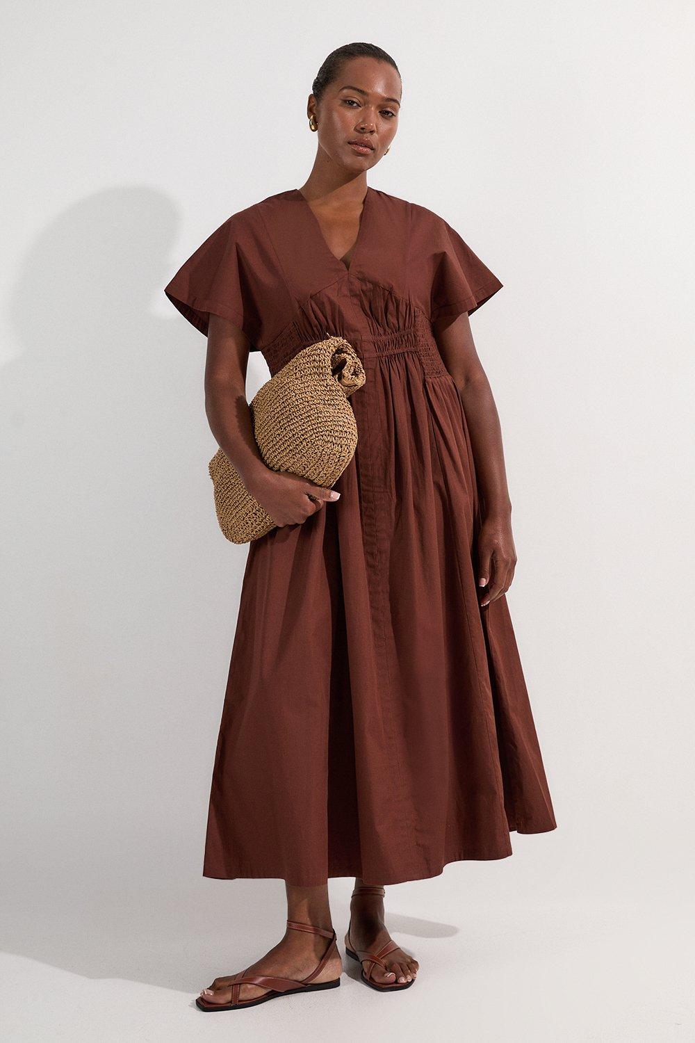 Plus Size Shirred Cotton Woven Plunge Neck Short Sleeve Maxi Dress - Brown