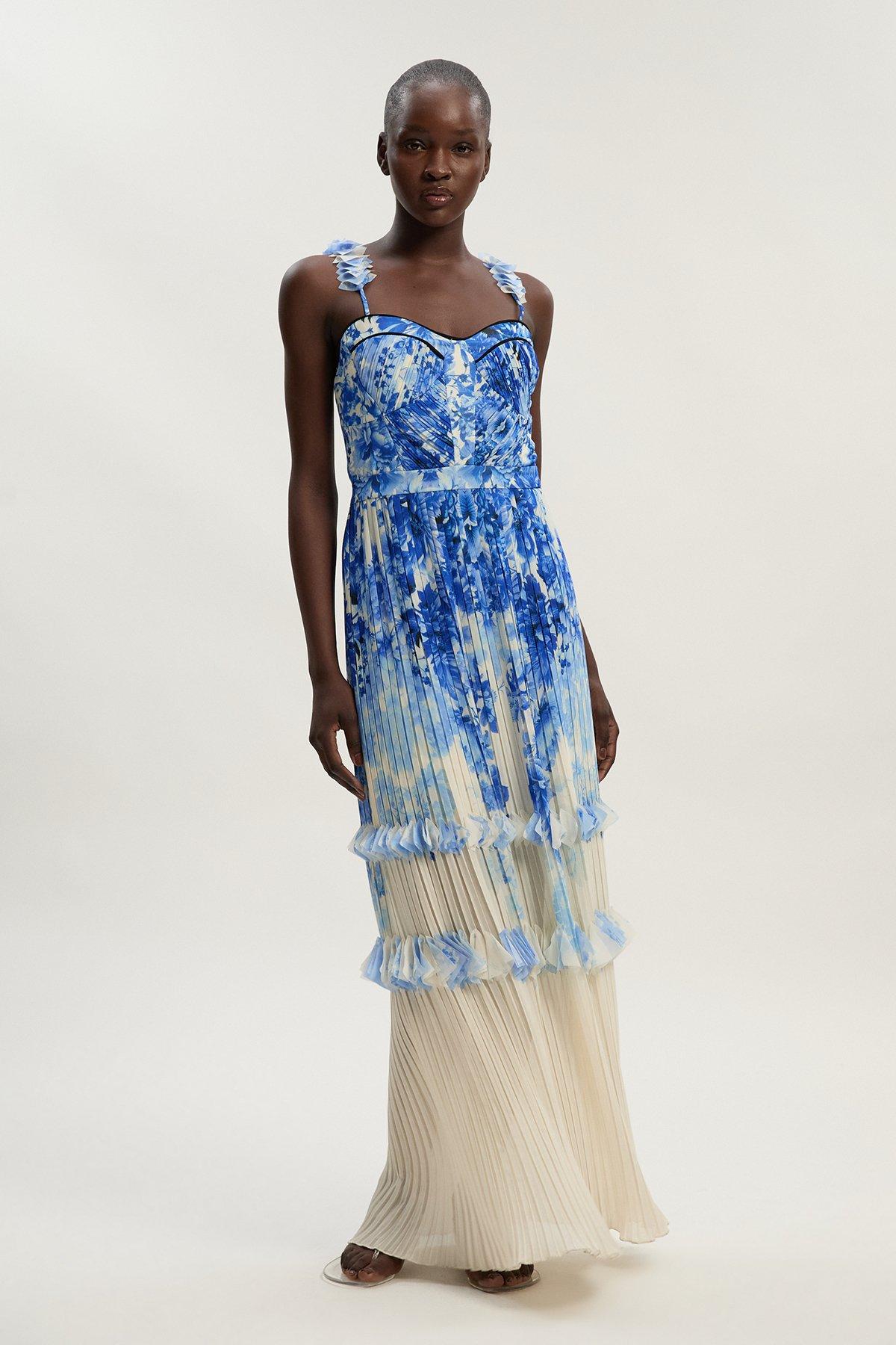 Pleat Detail Strappy Woven Maxi Dress - Floral