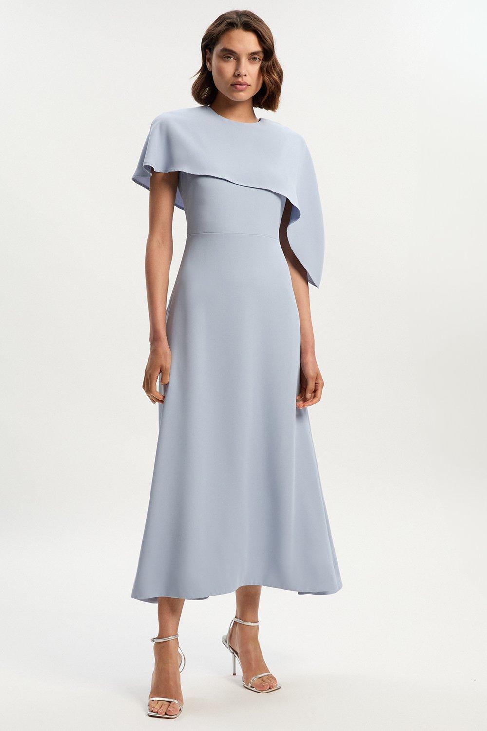 Soft Tailored Cape Detail Tailored Midi Dress - Pale Blue