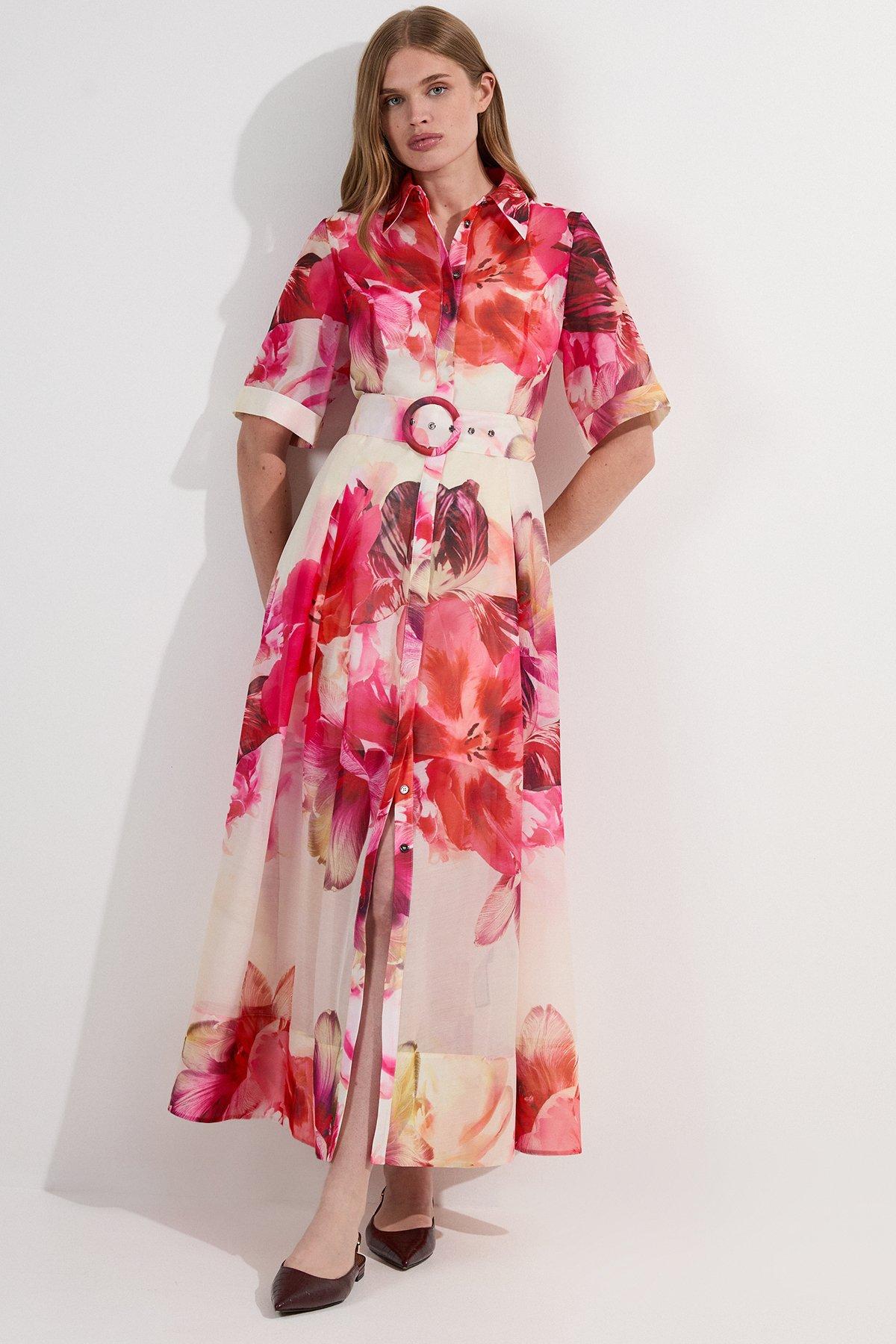 Floral Organdie Woven Midi Shirt Dress - Floral