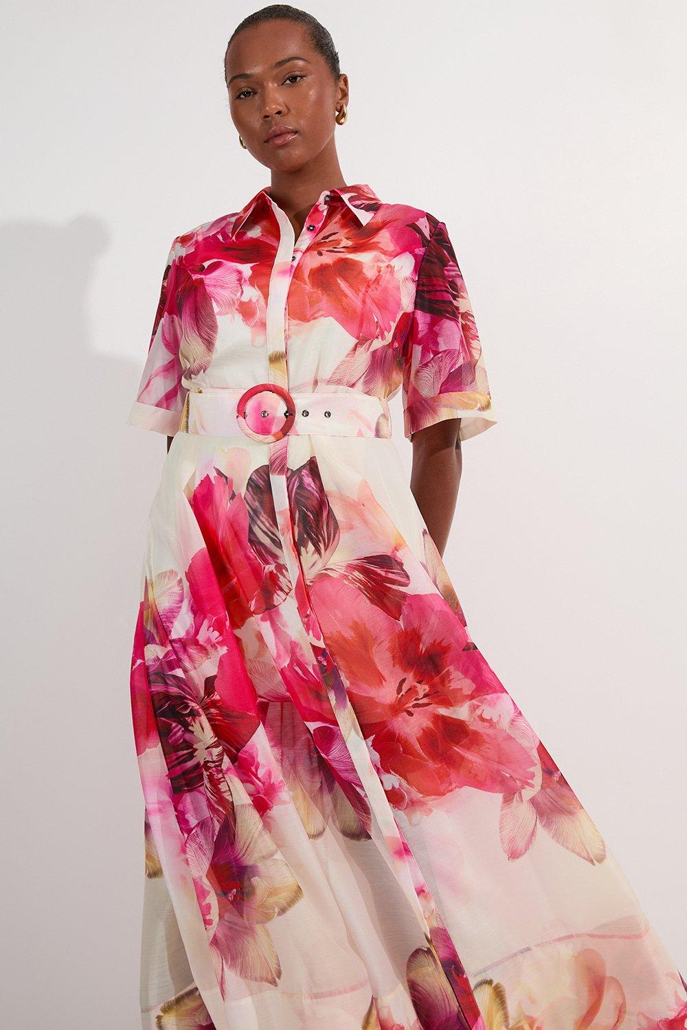 Plus Size Organdie Woven Midi Shirt Dress - Floral