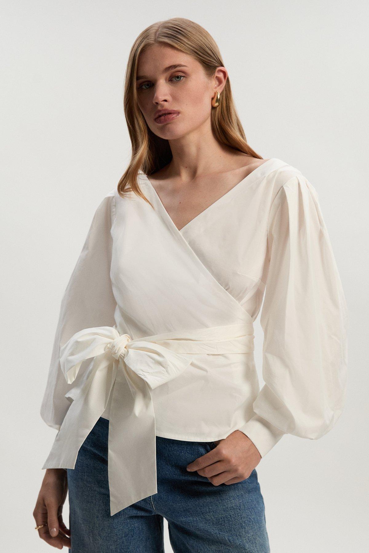 Cotton Poplin Cold Shoulder Woven Wrap Detail Blouse - White
