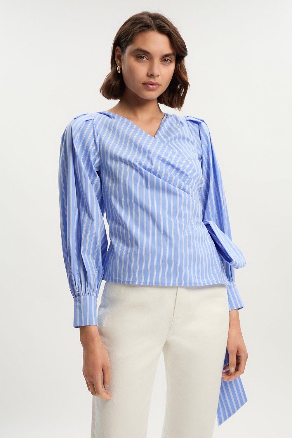Stripe Cotton Poplin Cold Shoulder Woven Wrap Detail Blouse - Blue