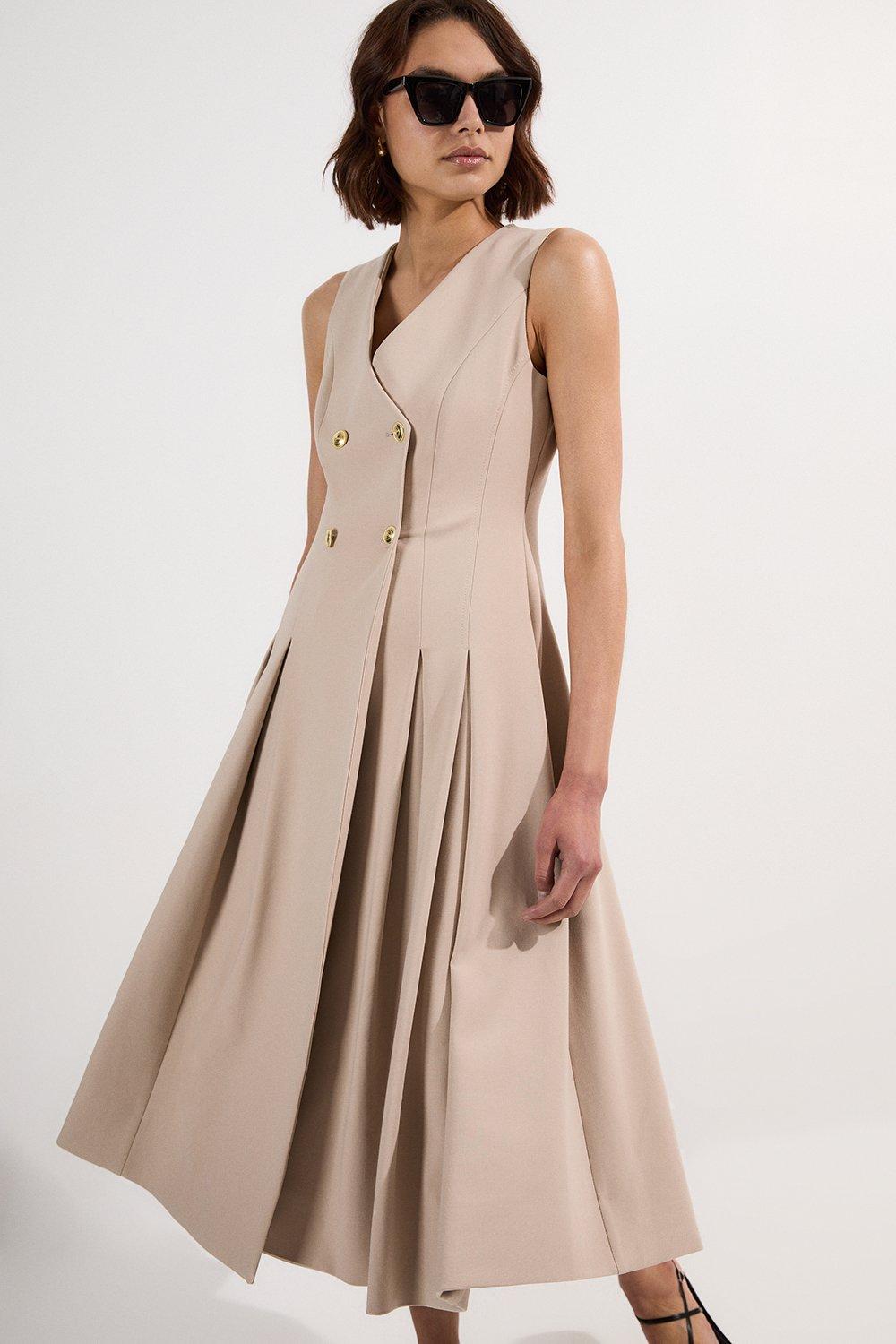 Compact Stretch Sleeveless Full Skirted Button Front Tailored Midi Dress - Brown