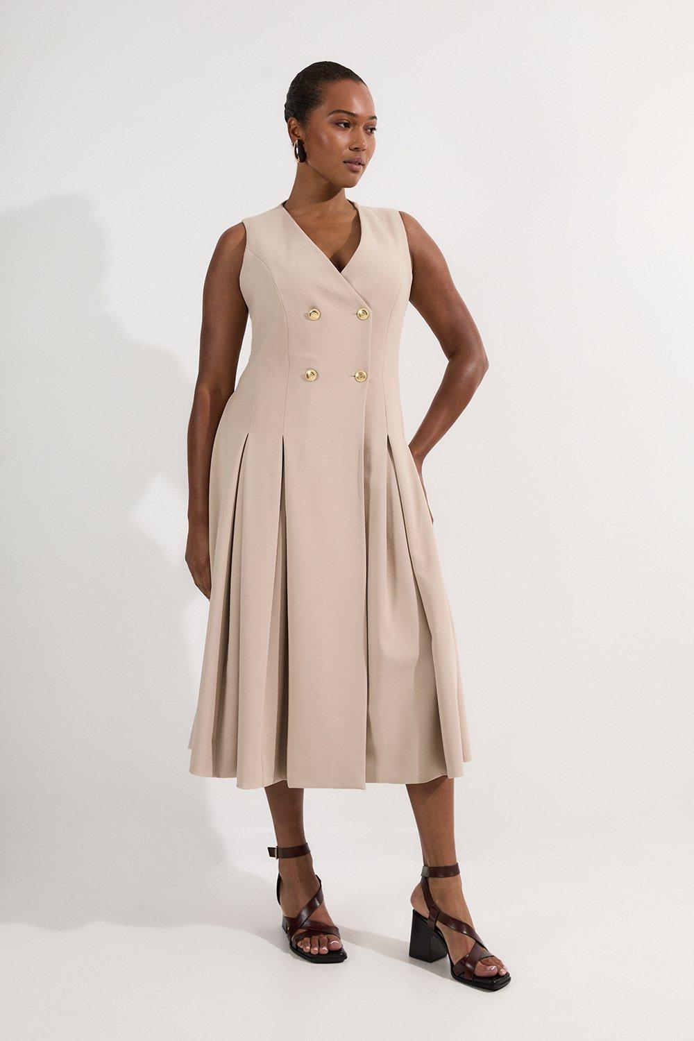 Plus Size Compact Stretch Sleeveless Full Skirted Button Front Tailored Midi Dress - Brown