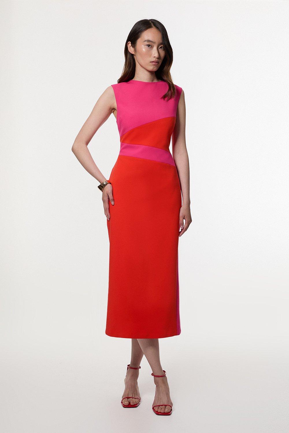 Compact Stretch Colourblock Tailored Pencil Dress - Pink