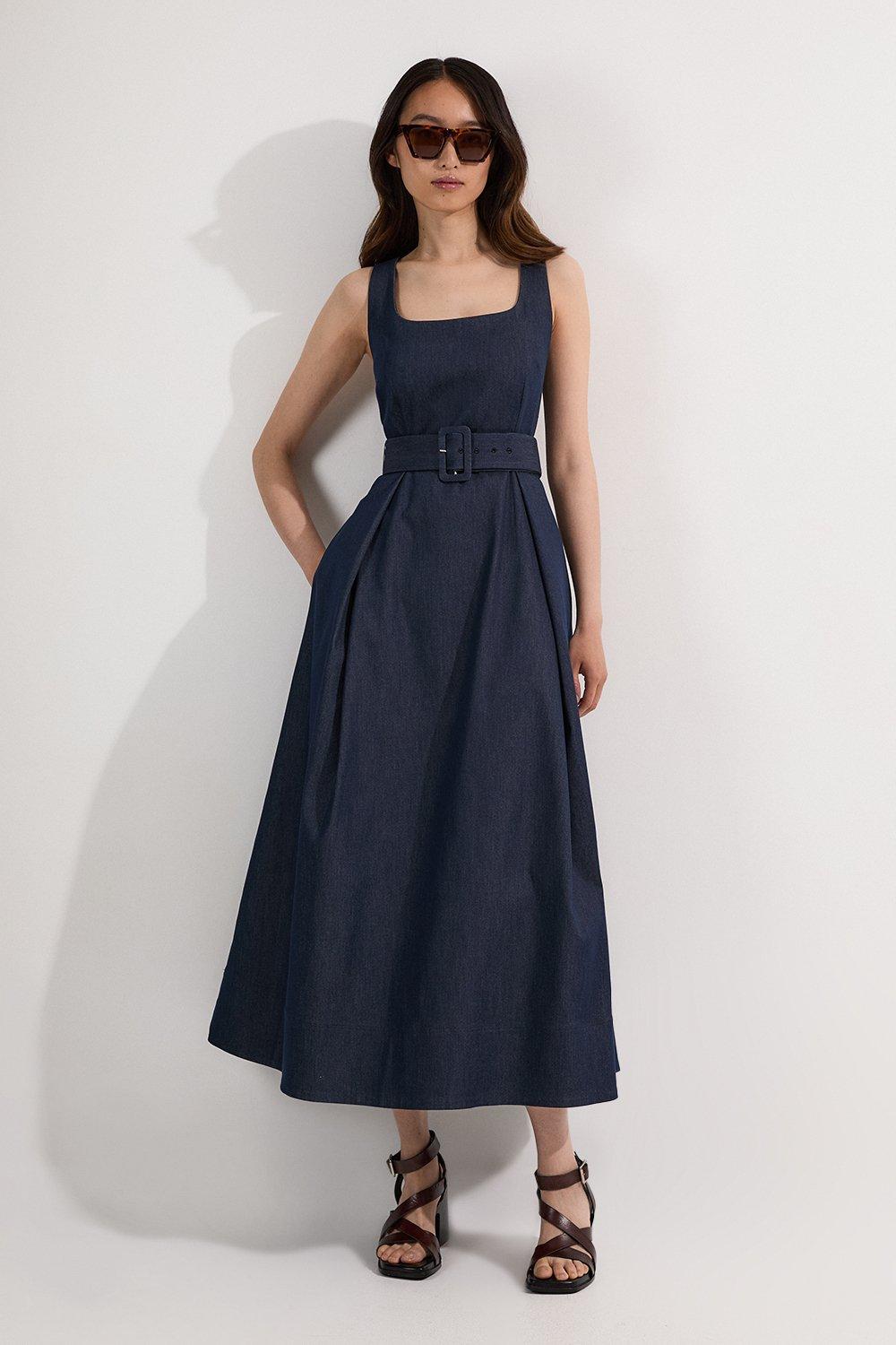 Tailored Denim Full Skirt Midi Dress - Indigo