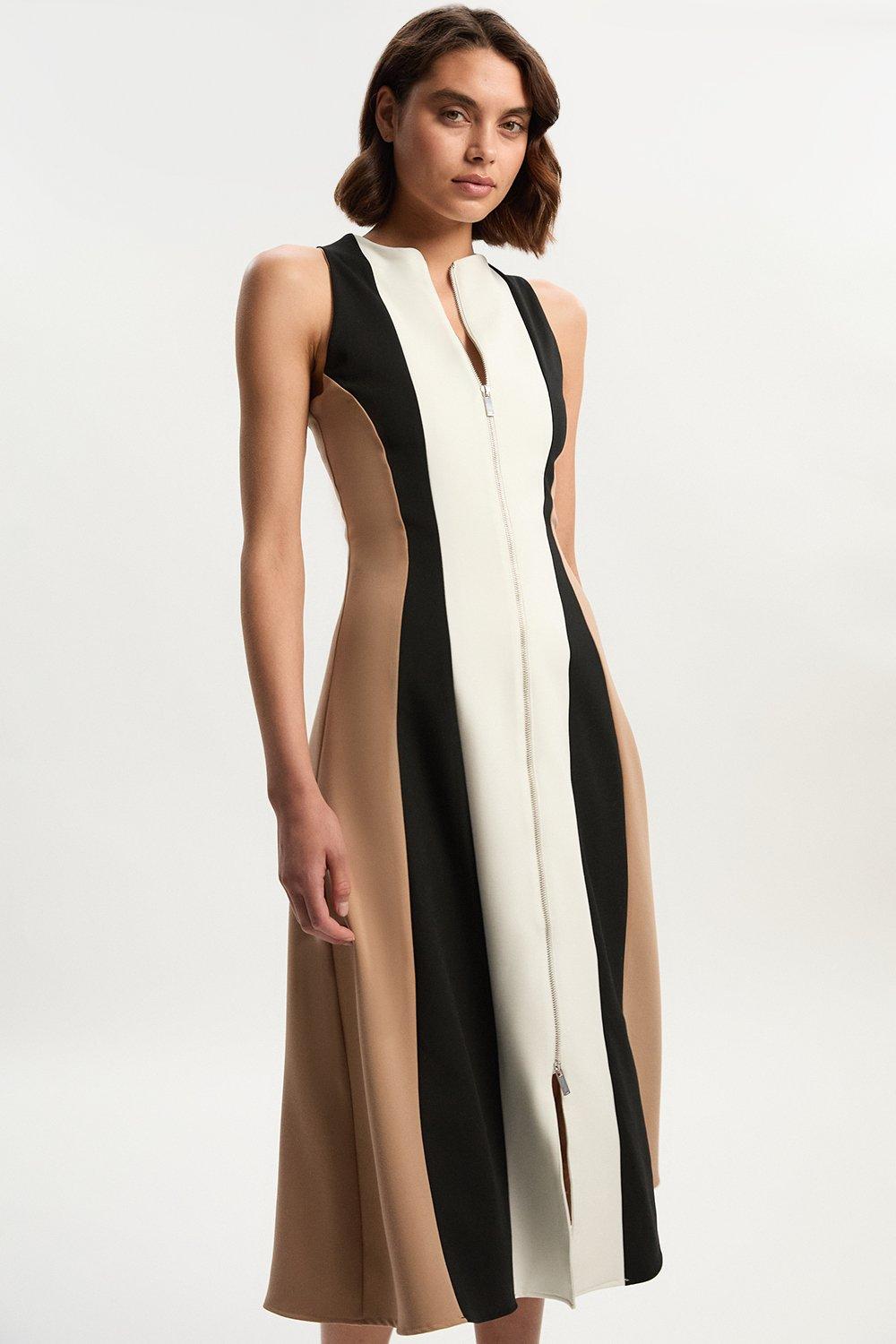 Compact Stretch Zip Through Colourblock Tailored Midi Dress - Camel