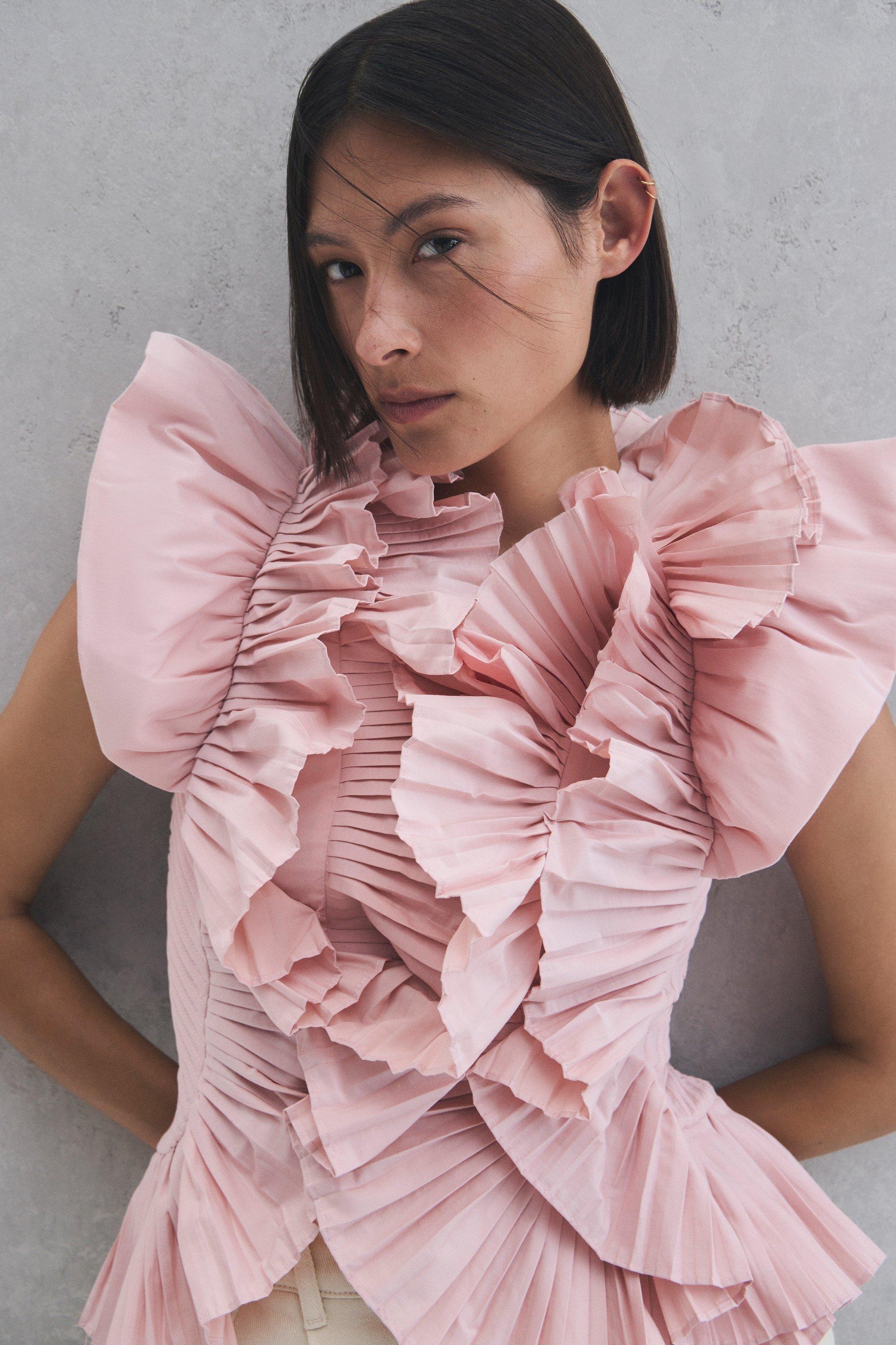 Petite Pleated Ruffle Sleeve Woven Top - Pink