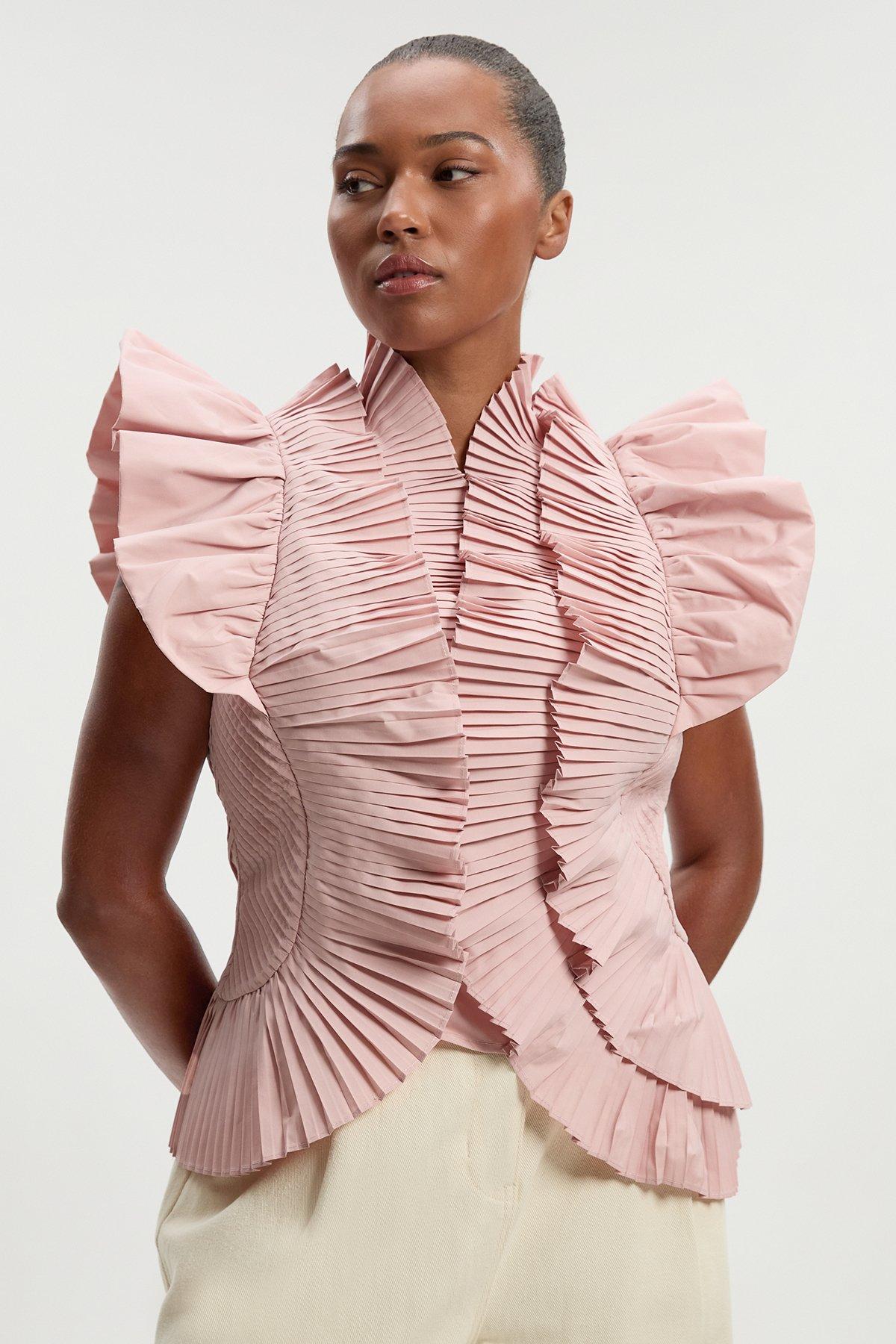 Plus Size Pleated Ruffle Sleeve Woven Top - Pink