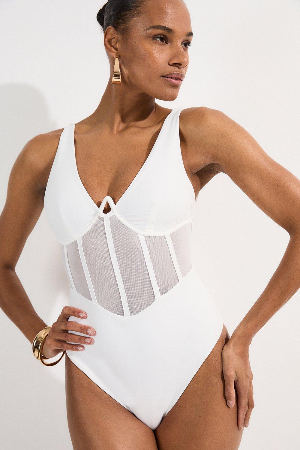 Tall Panelled Mesh Cup Detail Swimsuit - White