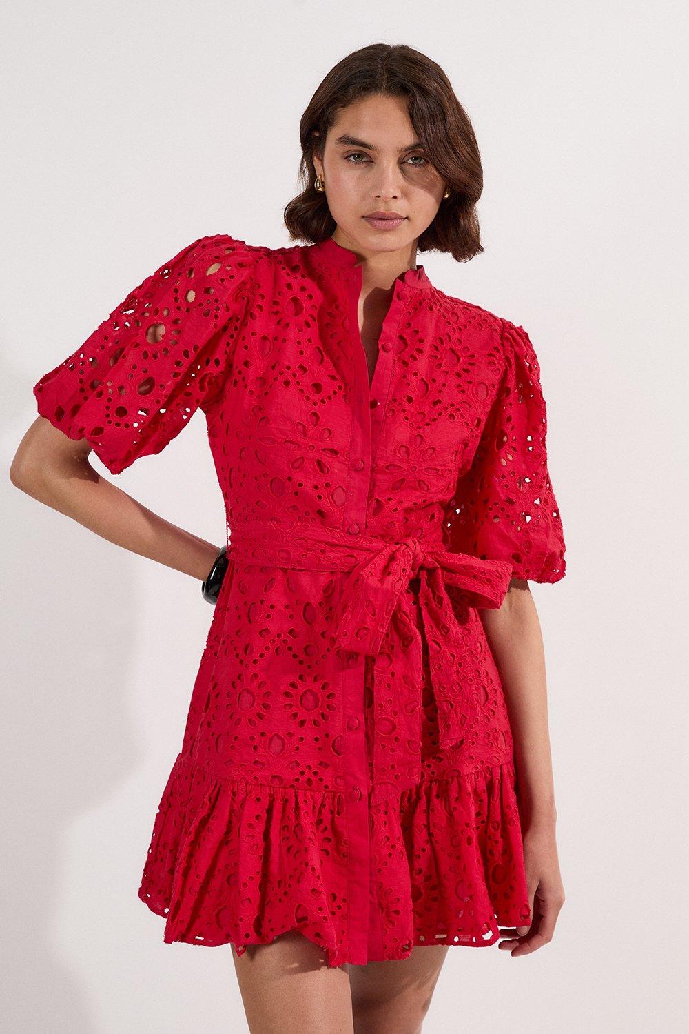 Petite Cotton Broderie Woven Tie Waist Mini Dress - Red