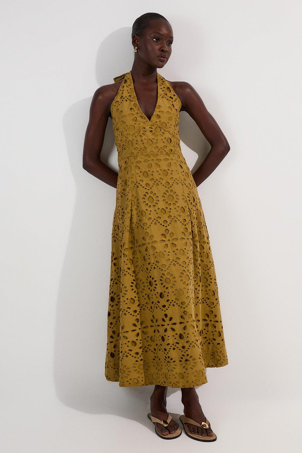 Cotton Broderie Halterneck Woven Maxi Dress - Chartreuse