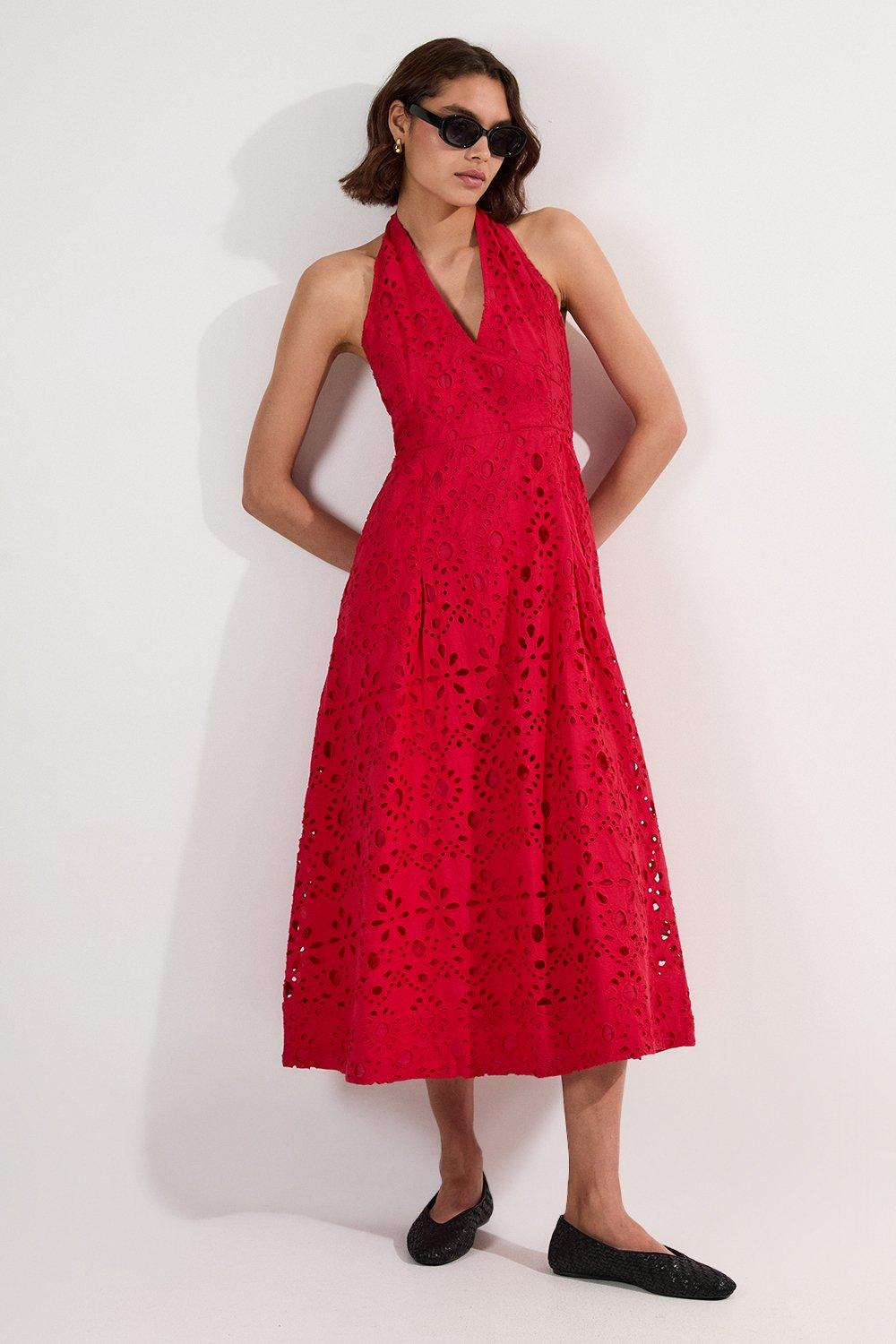 Cotton Broderie Halterneck Woven Maxi Dress - Red