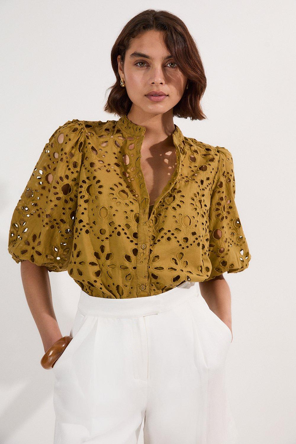 Cotton Broderie Woven Short Sleeve Blouse - Chartreuse