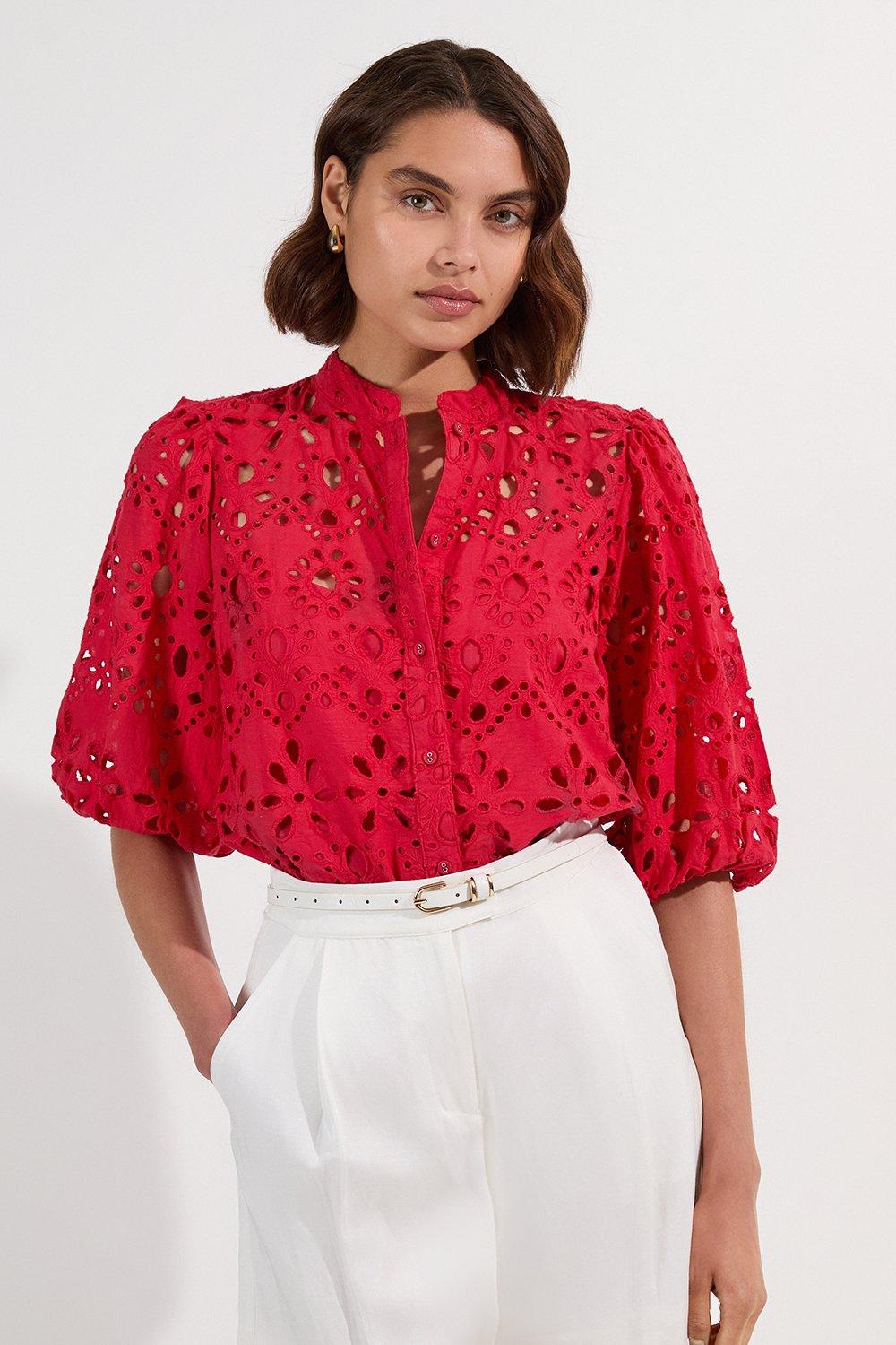 Cotton Broderie Woven Short Sleeve Blouse - Red