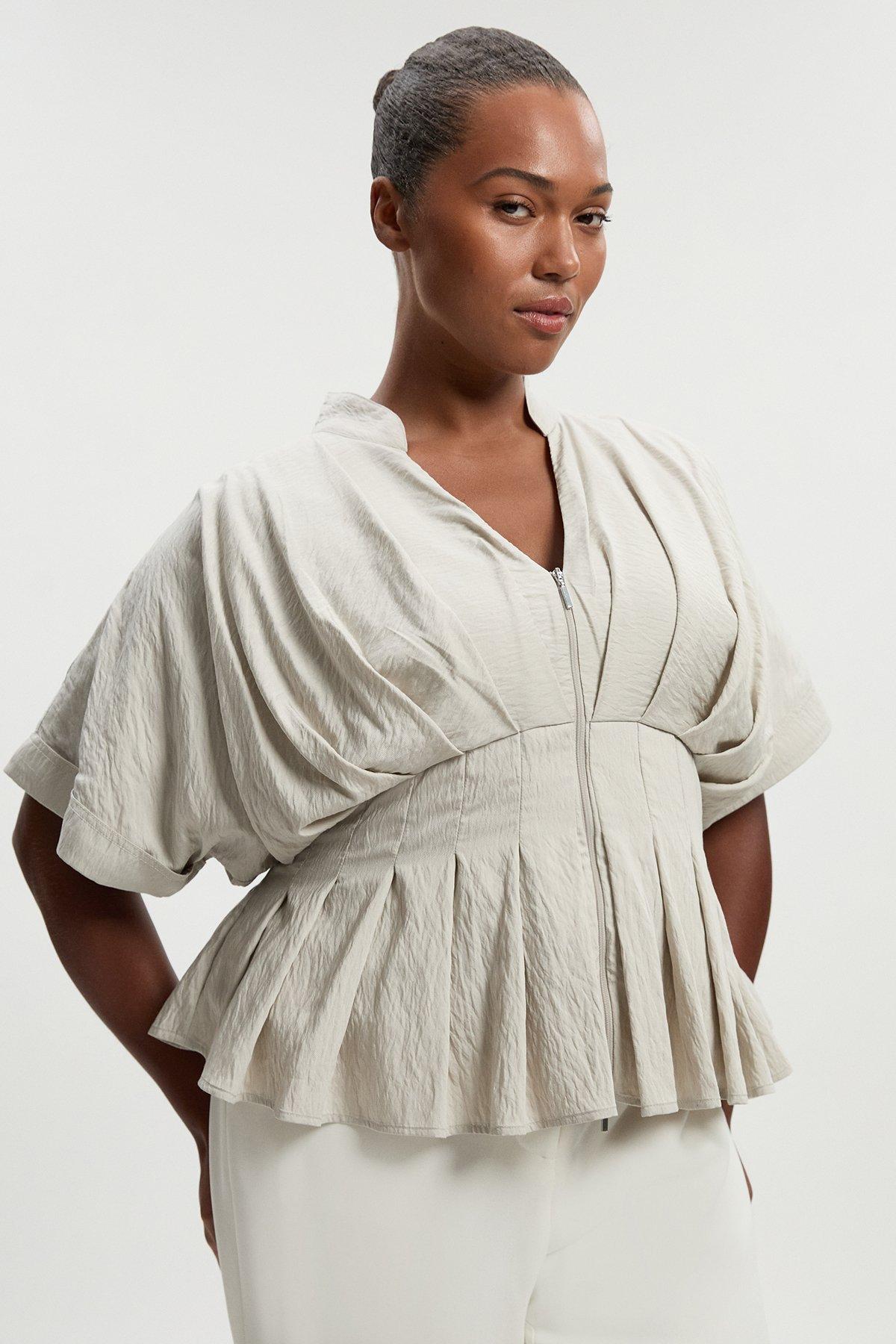 Plus Size Pleated Neck Tie Detail Woven Short Sleeve Shirt - Brown