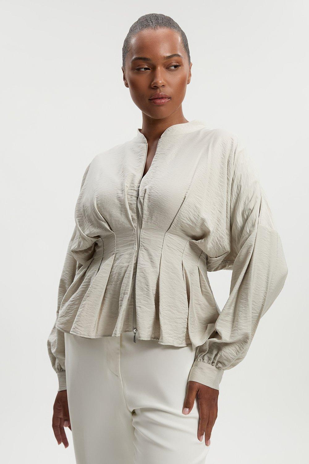 Plus Size Pleated Detail Woven Jacket - Brown